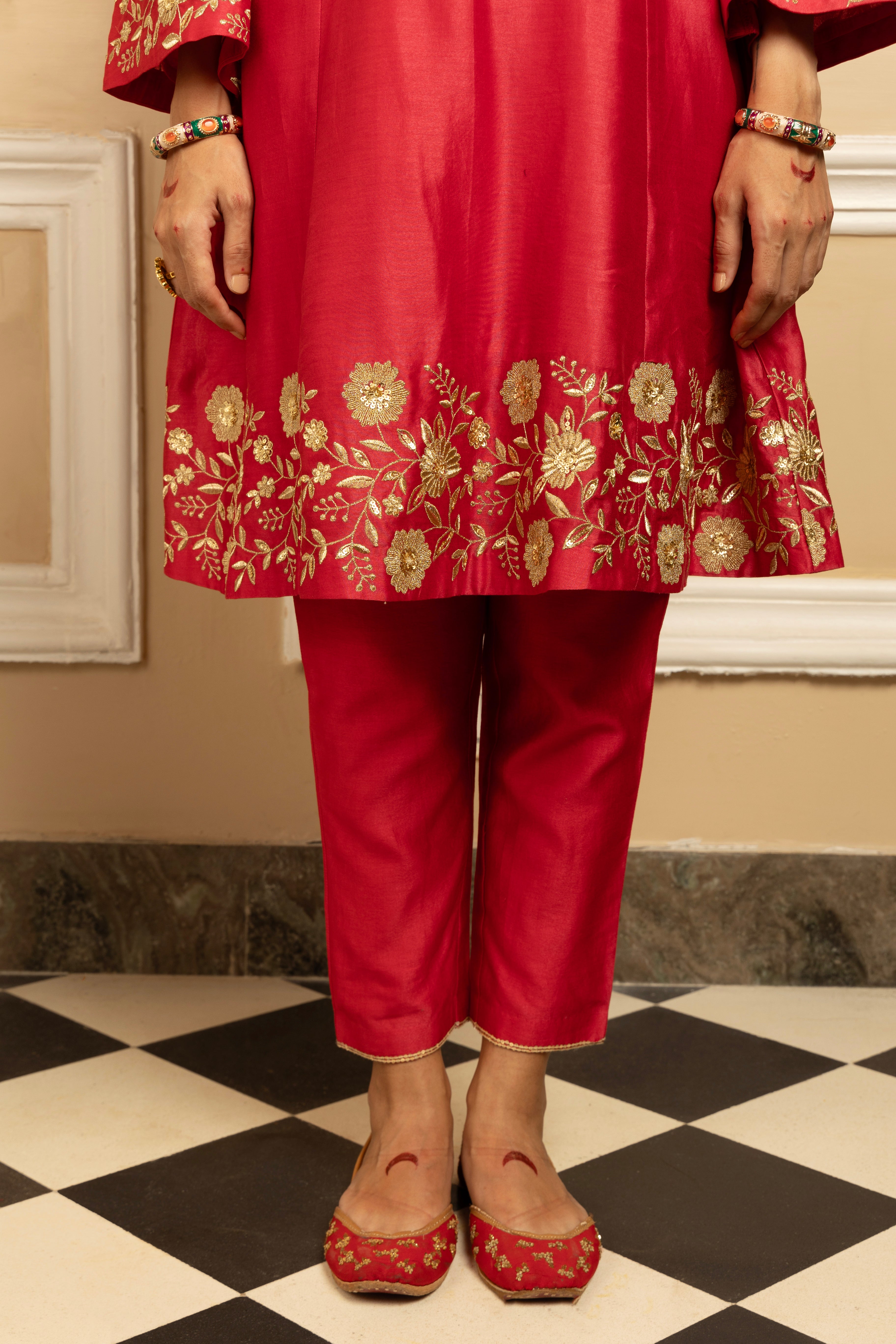 EKAYA RED SILK CHANDERI KURTA SET WITH VELVET HANDCRAFTED SHAWL (READY TO SHIP)
