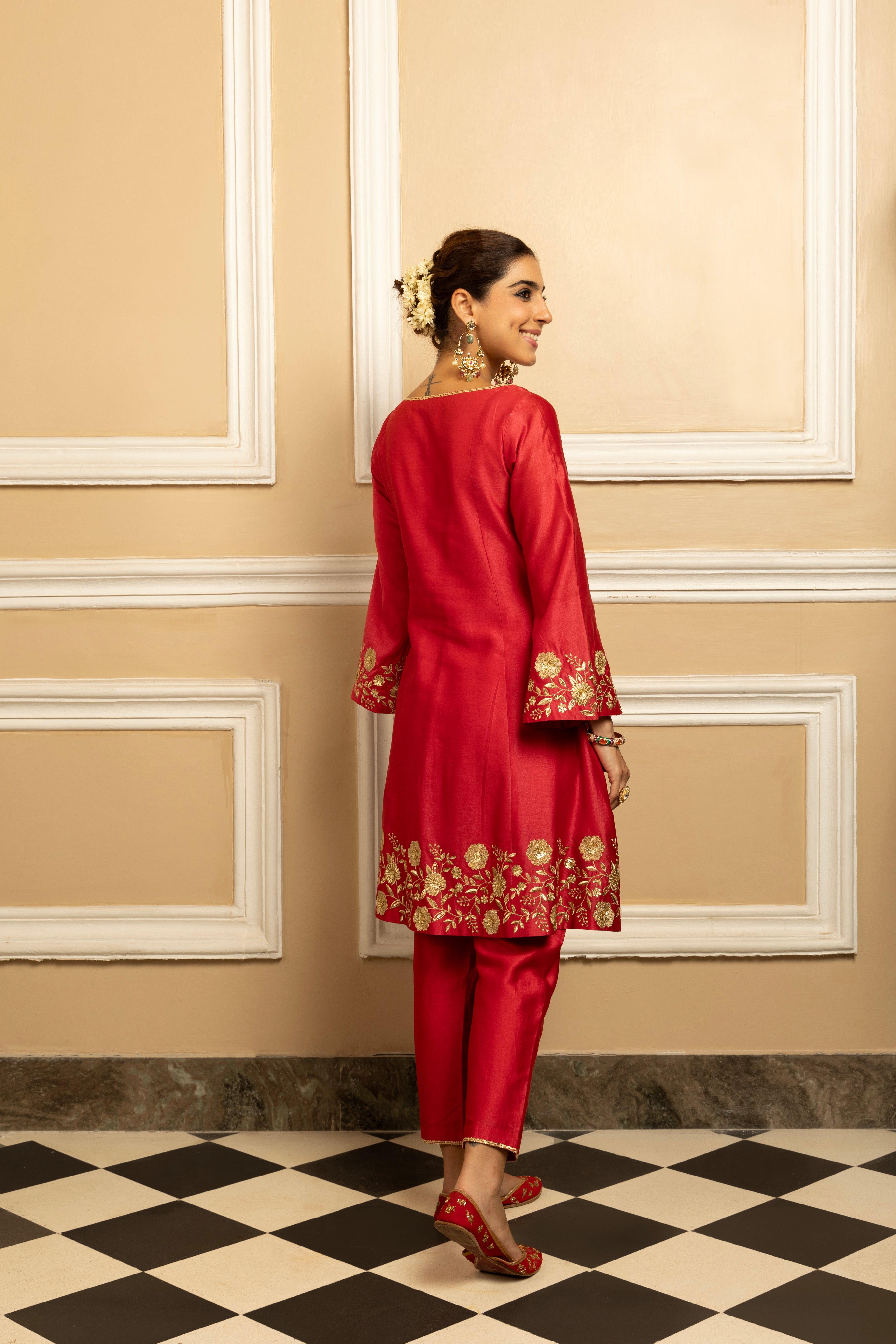 EKAYA RED SILK CHANDERI KURTA SET WITH VELVET HANDCRAFTED SHAWL (READY TO SHIP)