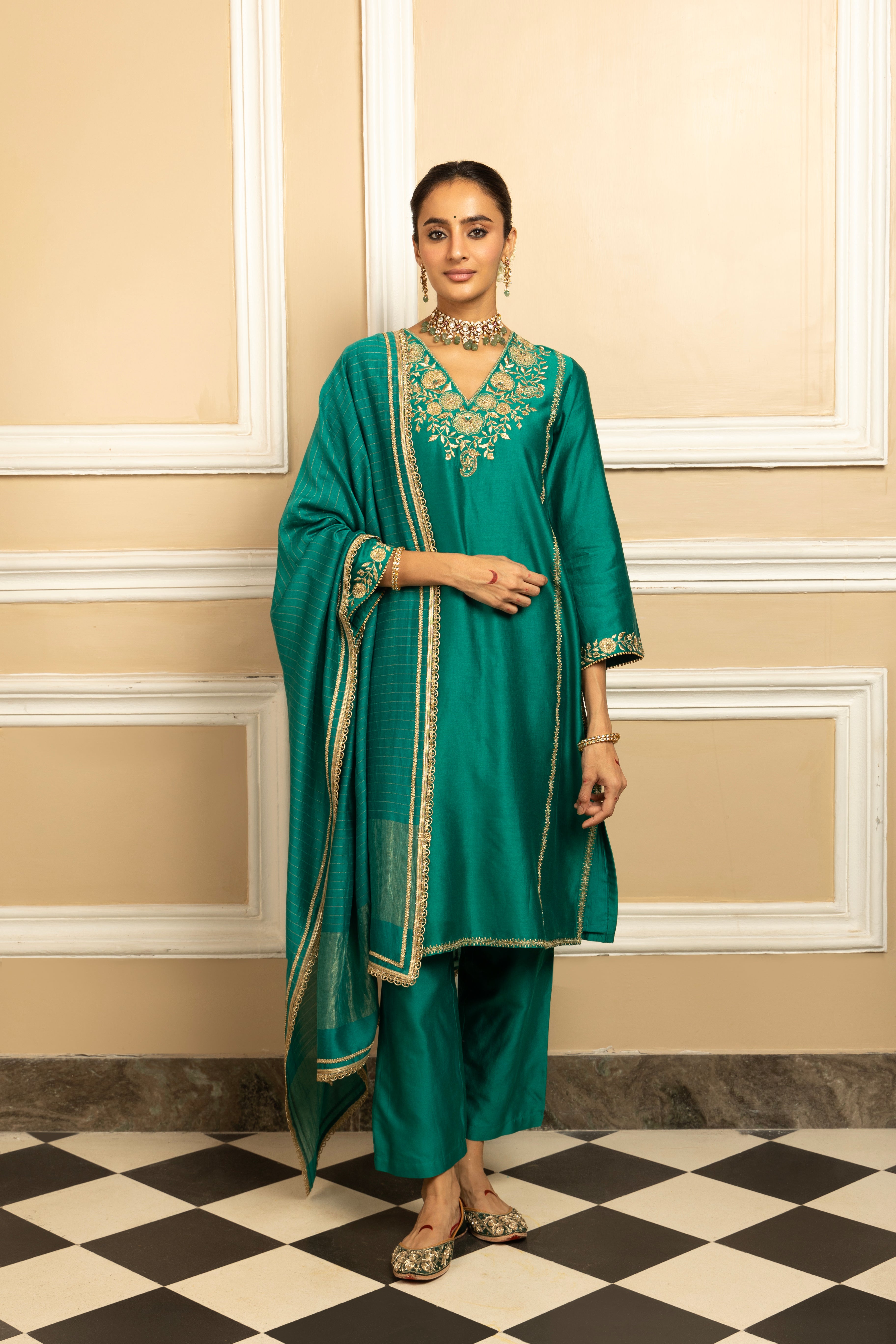 SANYA GREEN SILK CHANDERI HANDCRAFTED KURTA SET