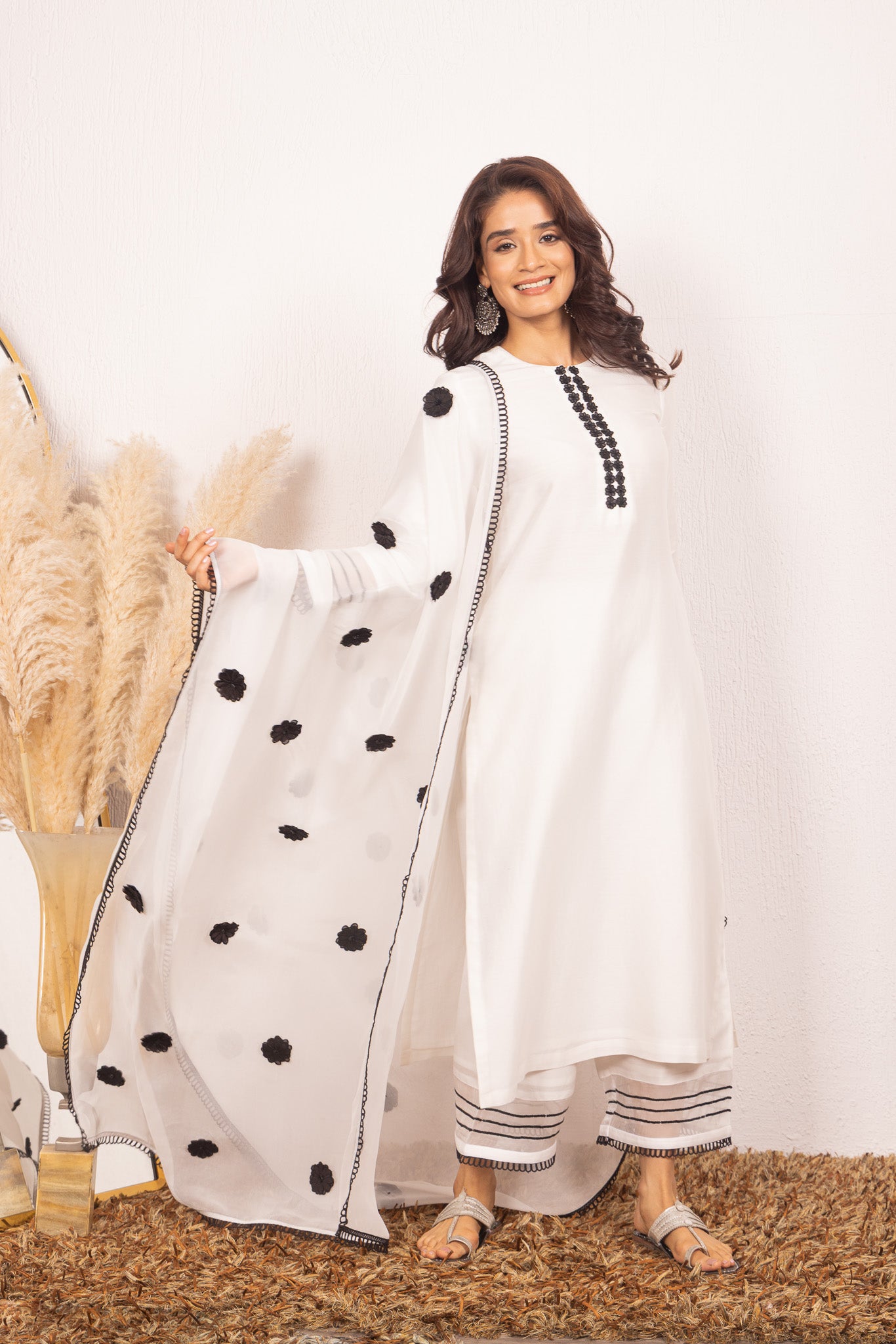 KYRA BLACK & WHITE SILK CHANDERI HANDCRAFTED KURTA SET