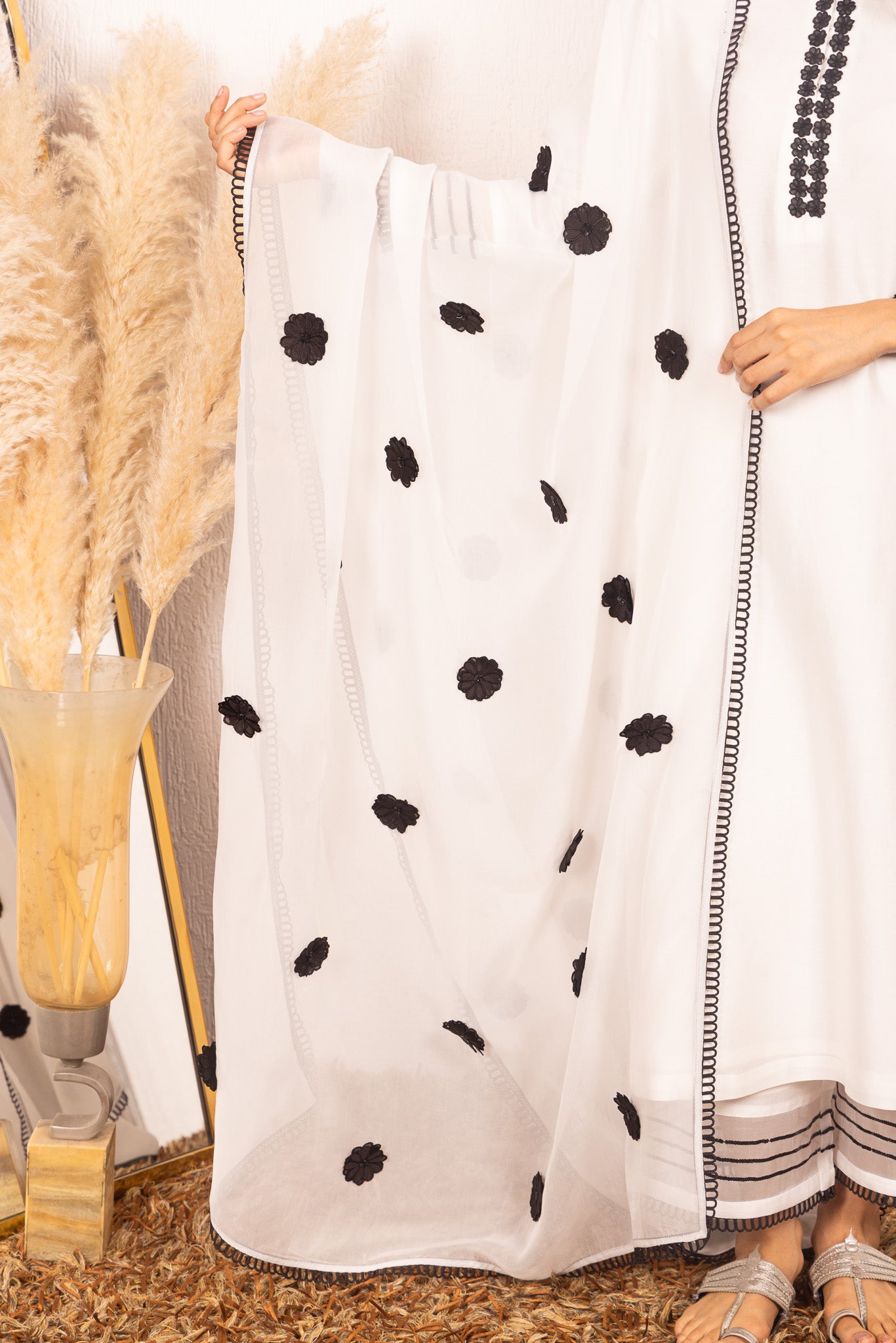 KYRA BLACK & WHITE SILK CHANDERI HANDCRAFTED KURTA SET