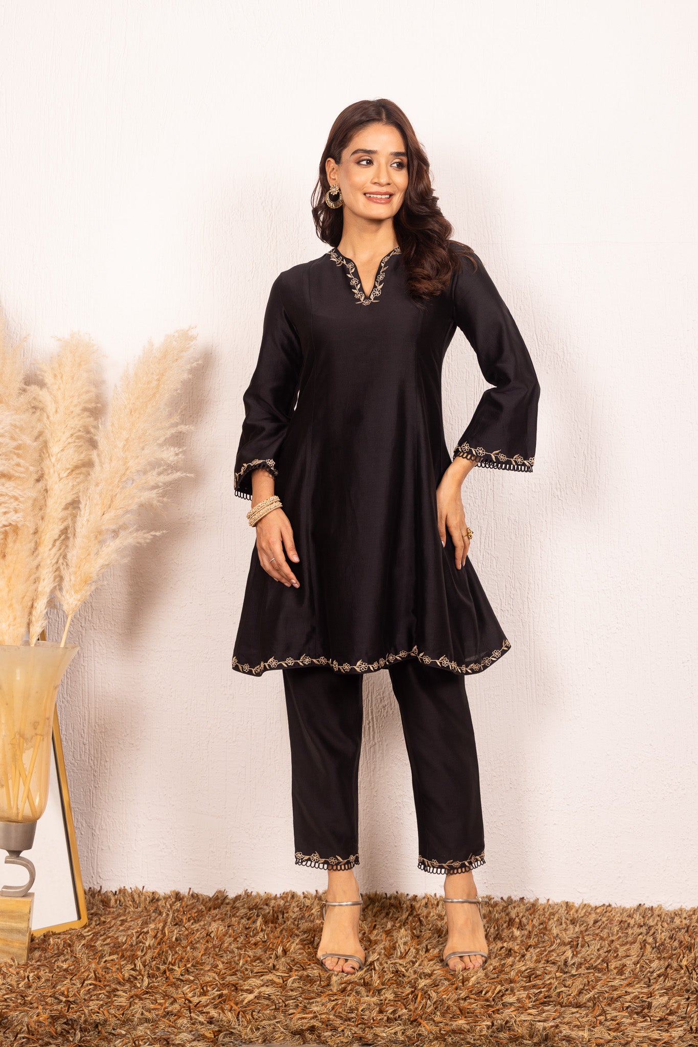 IRA BLACK SILK CHANDERI A-LINE SHORT HANDCRAFTED KURTA SET