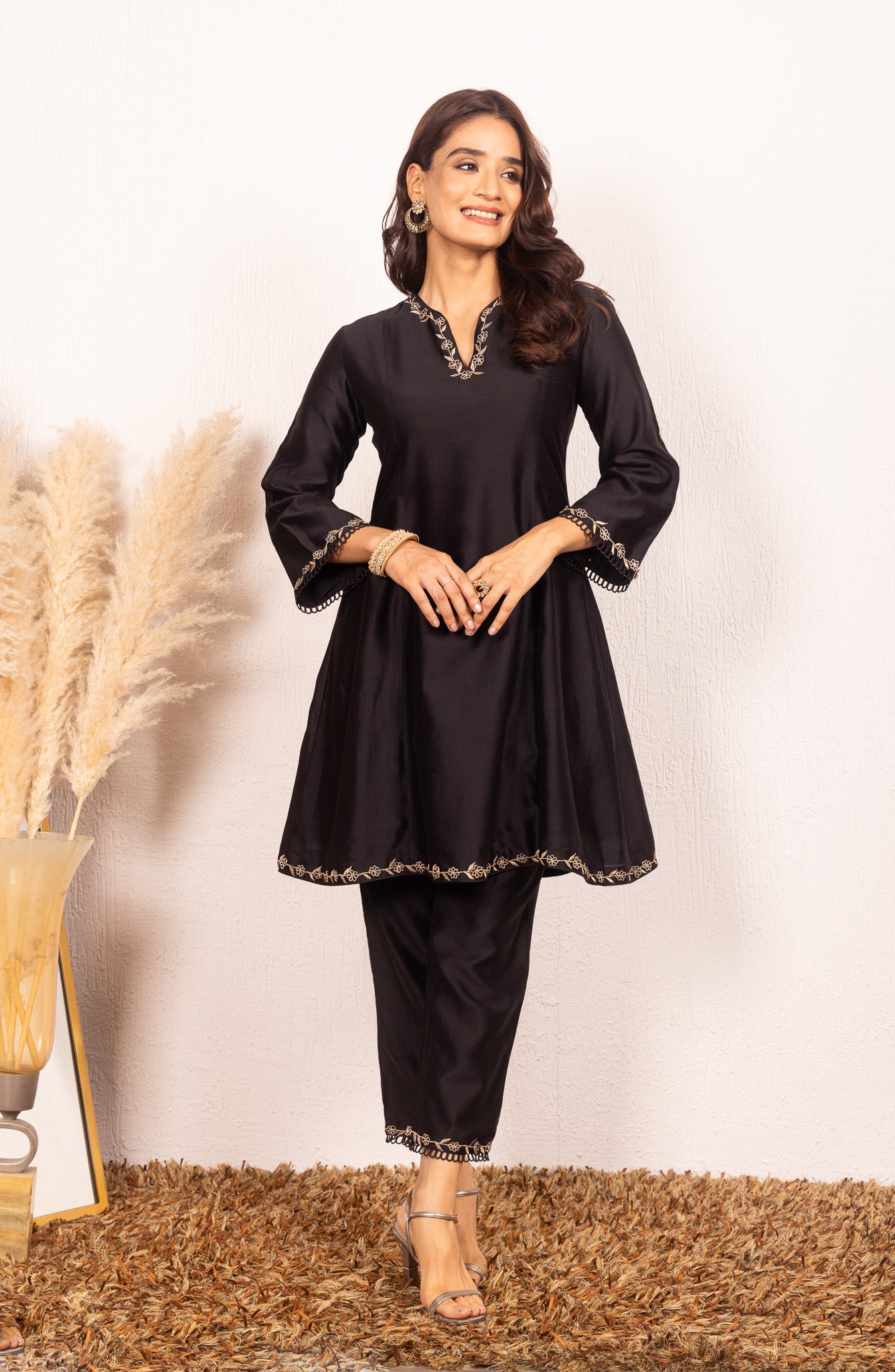 IRA BLACK SILK CHANDERI A-LINE SHORT HANDCRAFTED KURTA SET