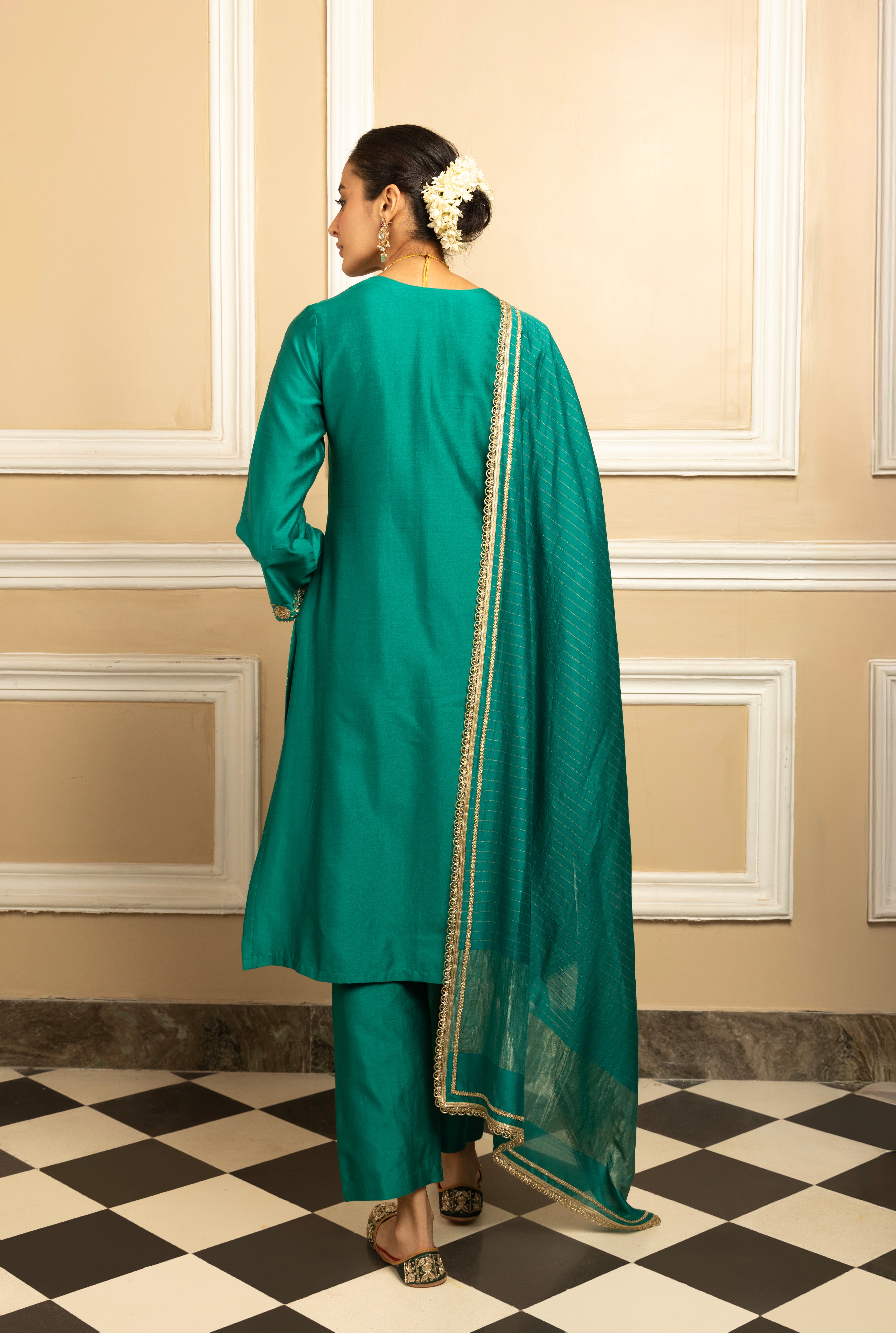 SANYA GREEN SILK CHANDERI HANDCRAFTED KURTA SET