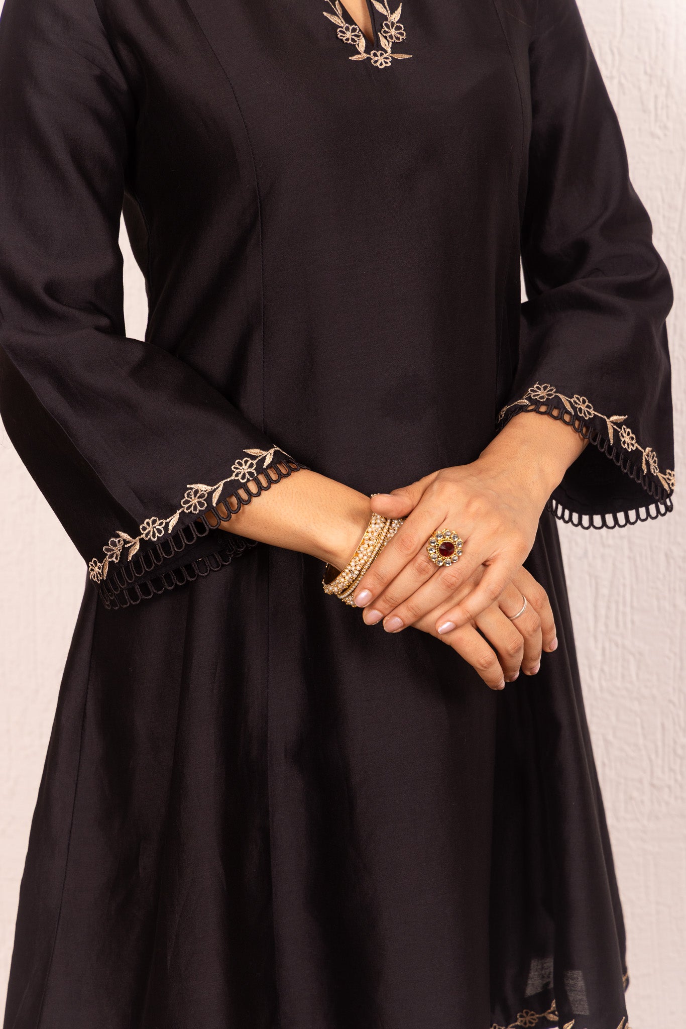 IRA BLACK SILK CHANDERI A-LINE SHORT HANDCRAFTED KURTA SET