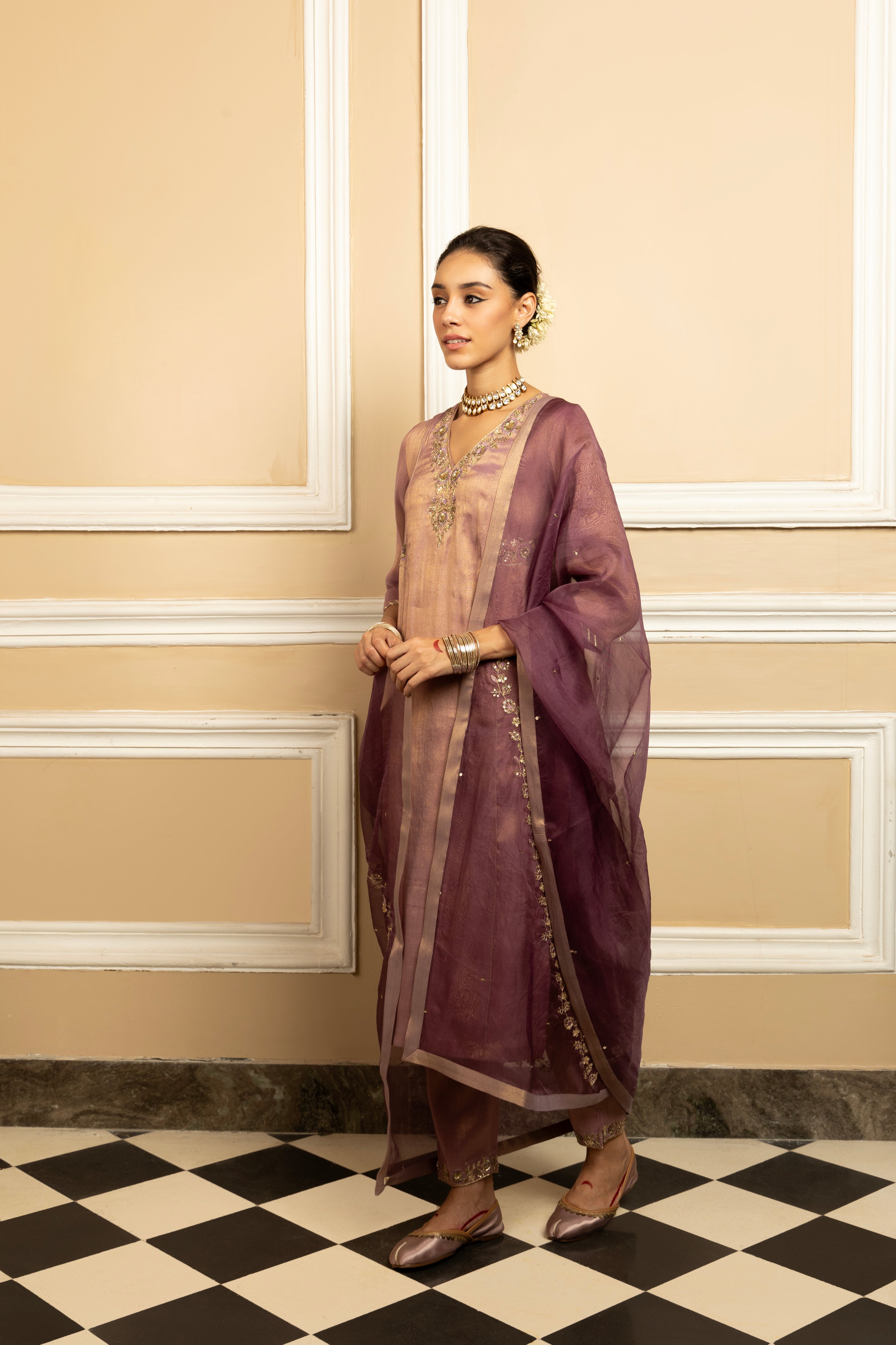SUHANI PURPLE TISSUE HANDCRAFTED KURTA SET