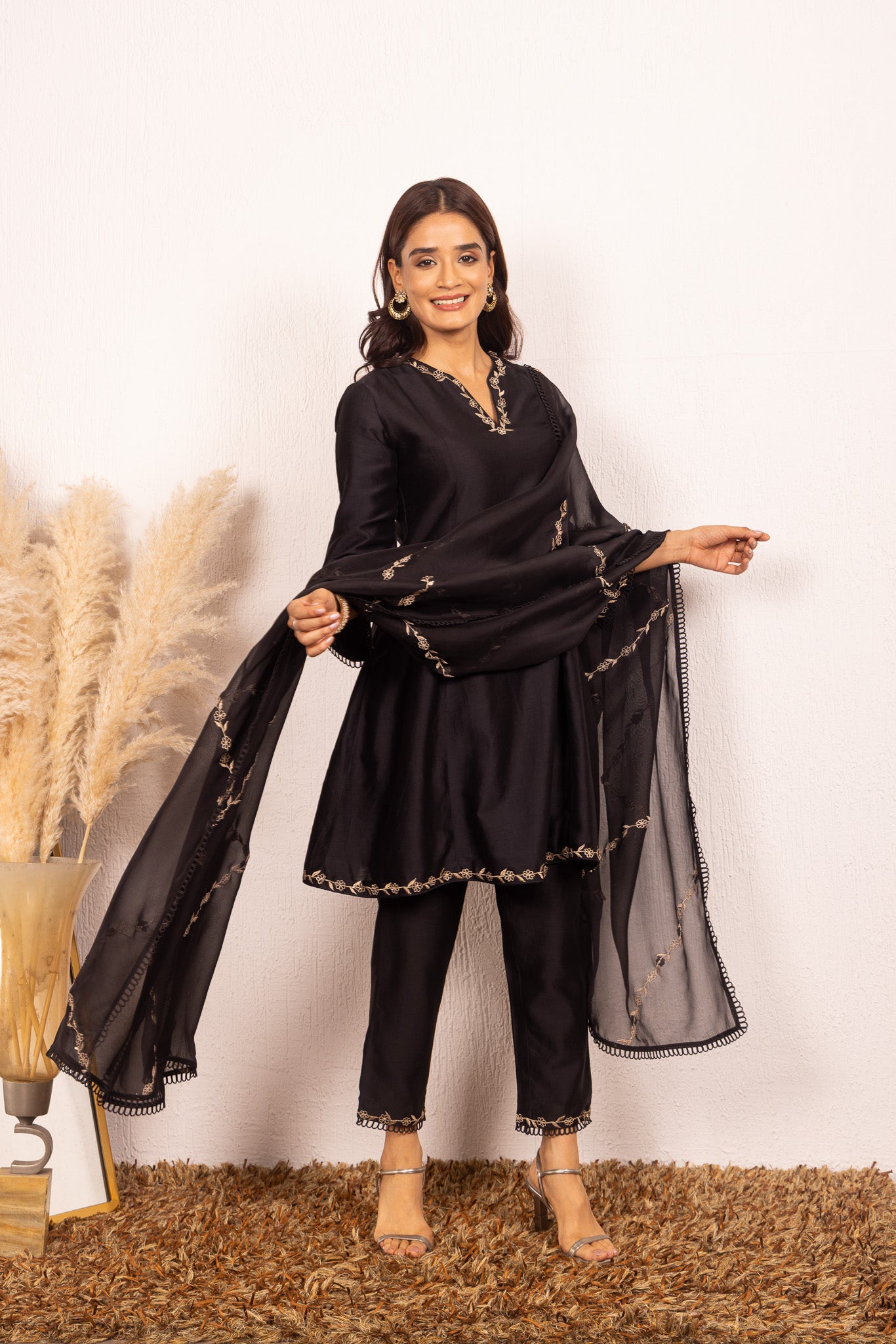 IRA BLACK SILK CHANDERI A-LINE SHORT HANDCRAFTED KURTA SET