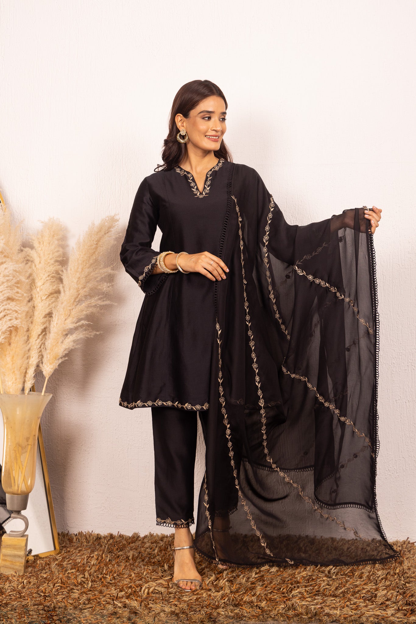 IRA BLACK SILK CHANDERI A-LINE SHORT HANDCRAFTED KURTA SET