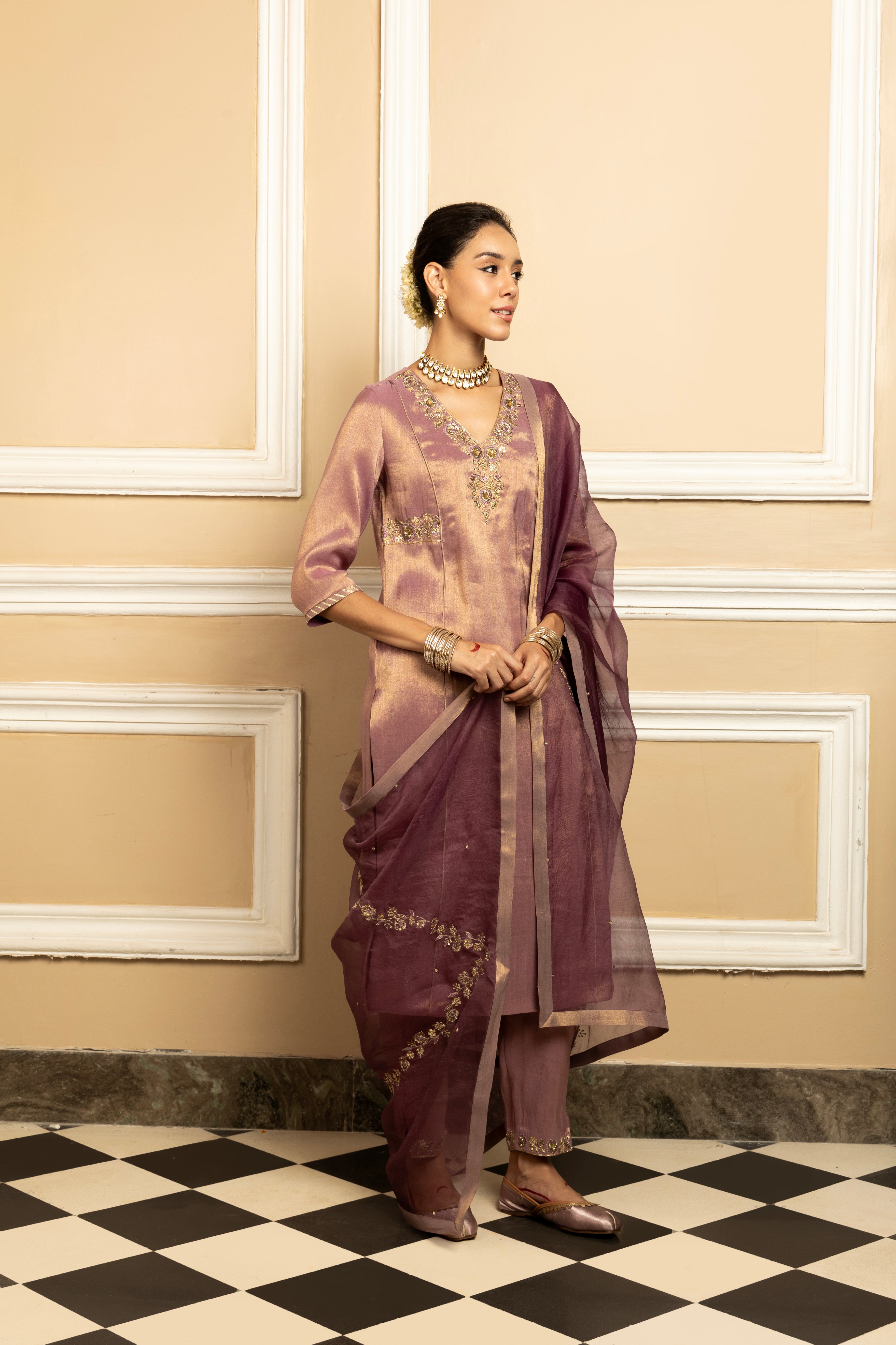 SUHANI PURPLE TISSUE HANDCRAFTED KURTA SET