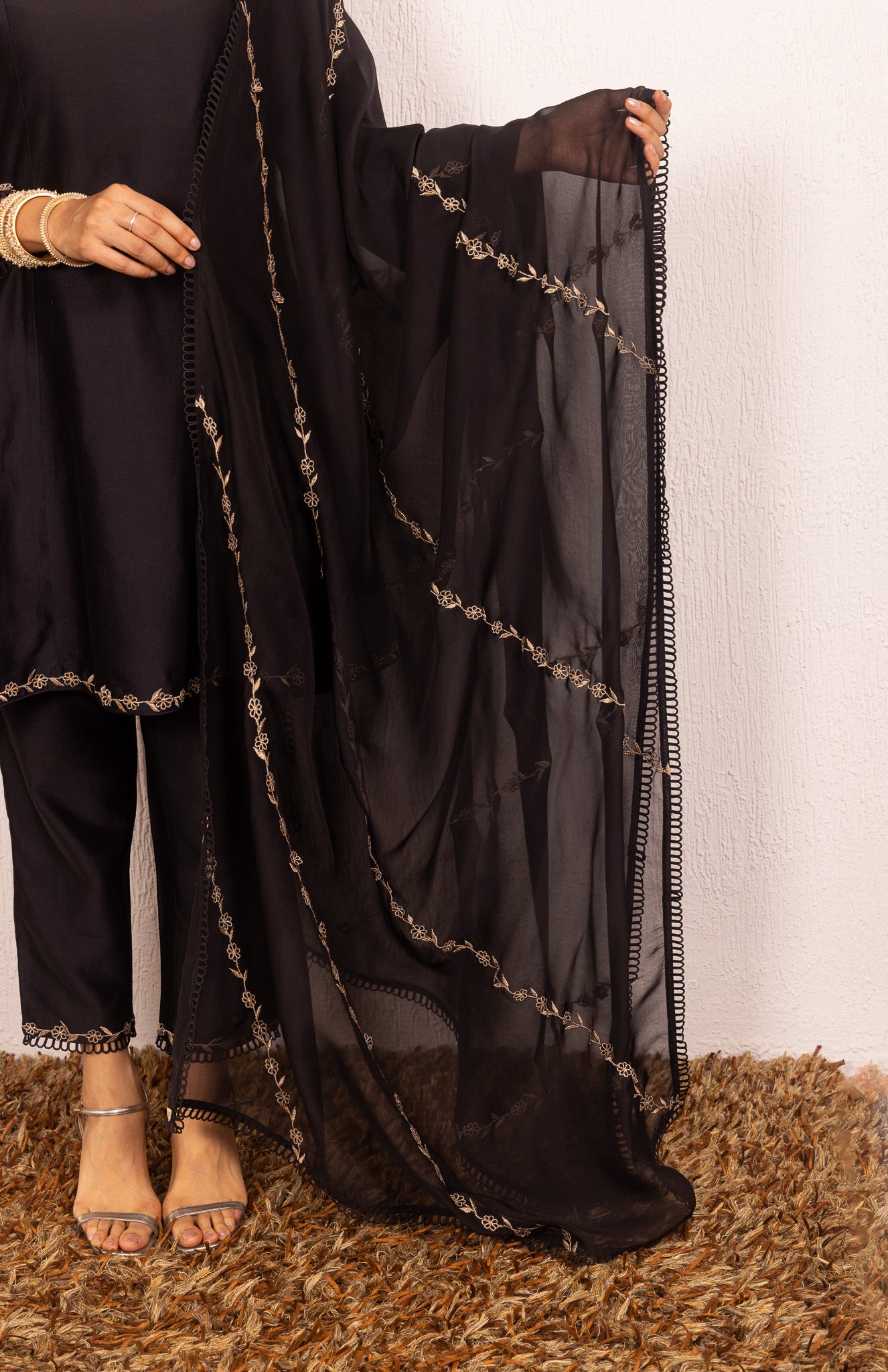 IRA BLACK SILK CHANDERI A-LINE SHORT HANDCRAFTED KURTA SET