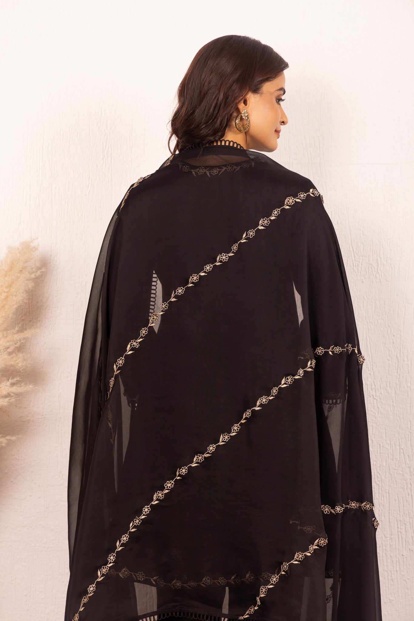 IRA BLACK SILK CHANDERI A-LINE SHORT HANDCRAFTED KURTA SET