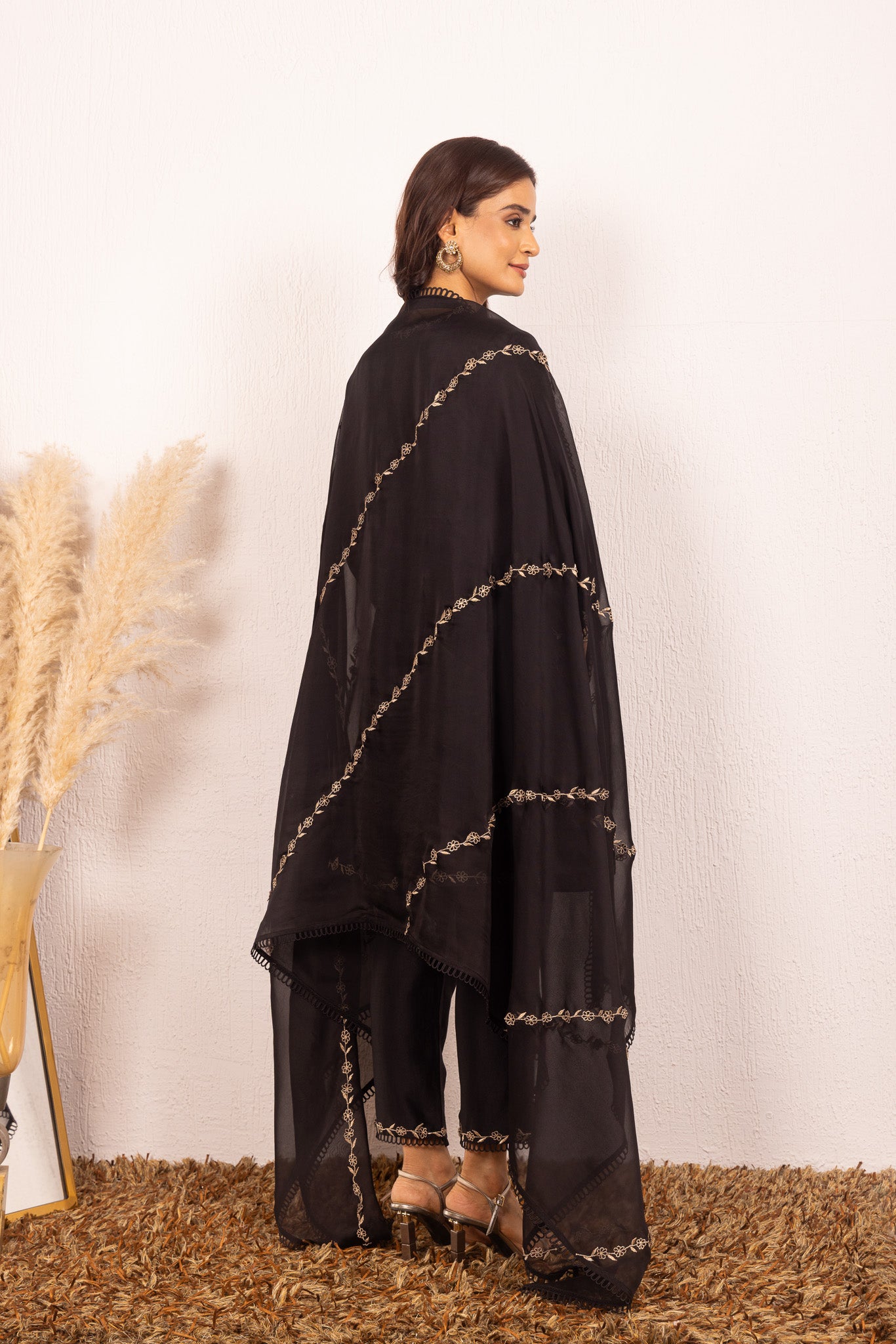 IRA BLACK SILK CHANDERI A-LINE SHORT HANDCRAFTED KURTA SET