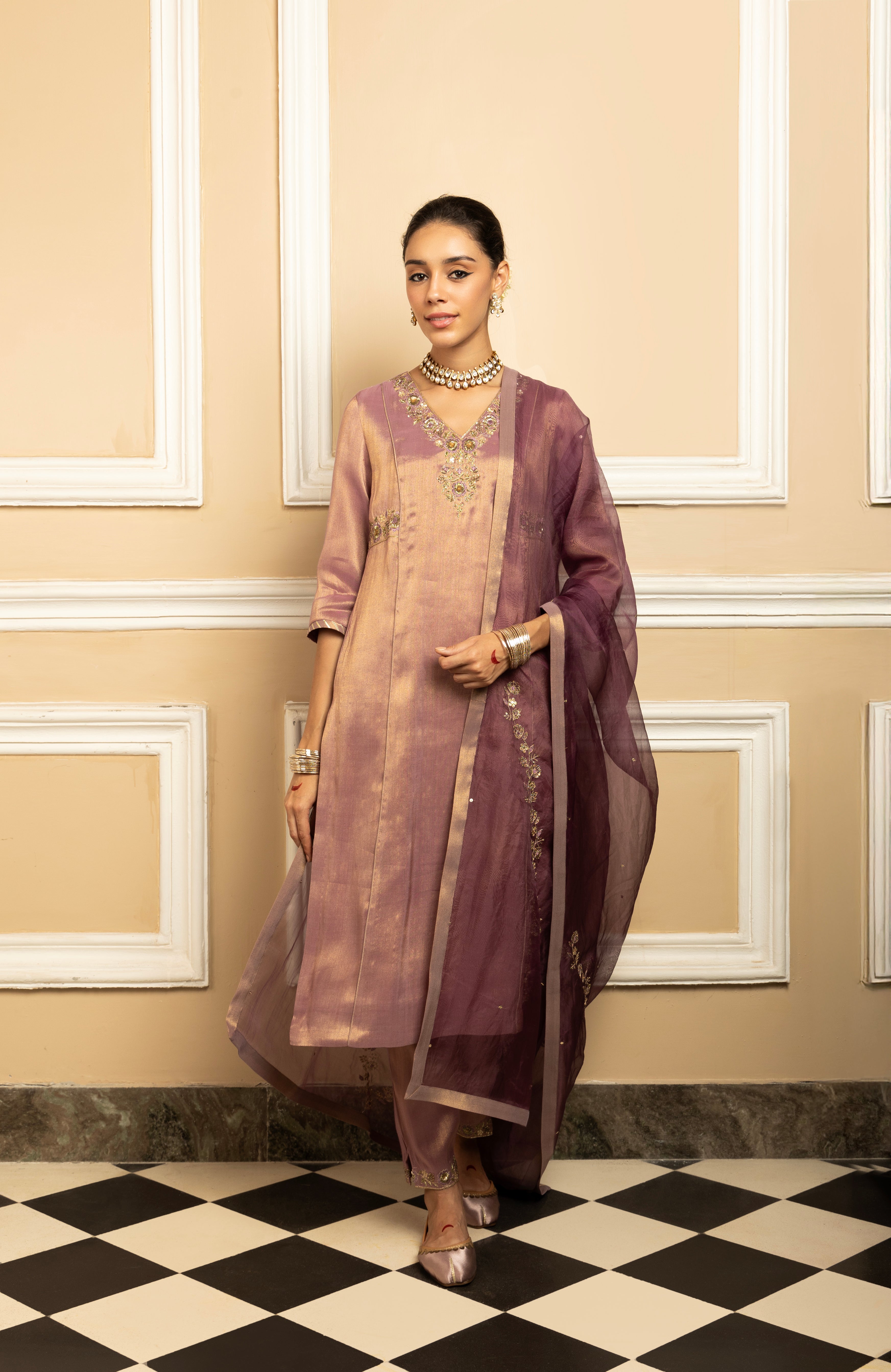 SUHANI PURPLE TISSUE HANDCRAFTED KURTA SET