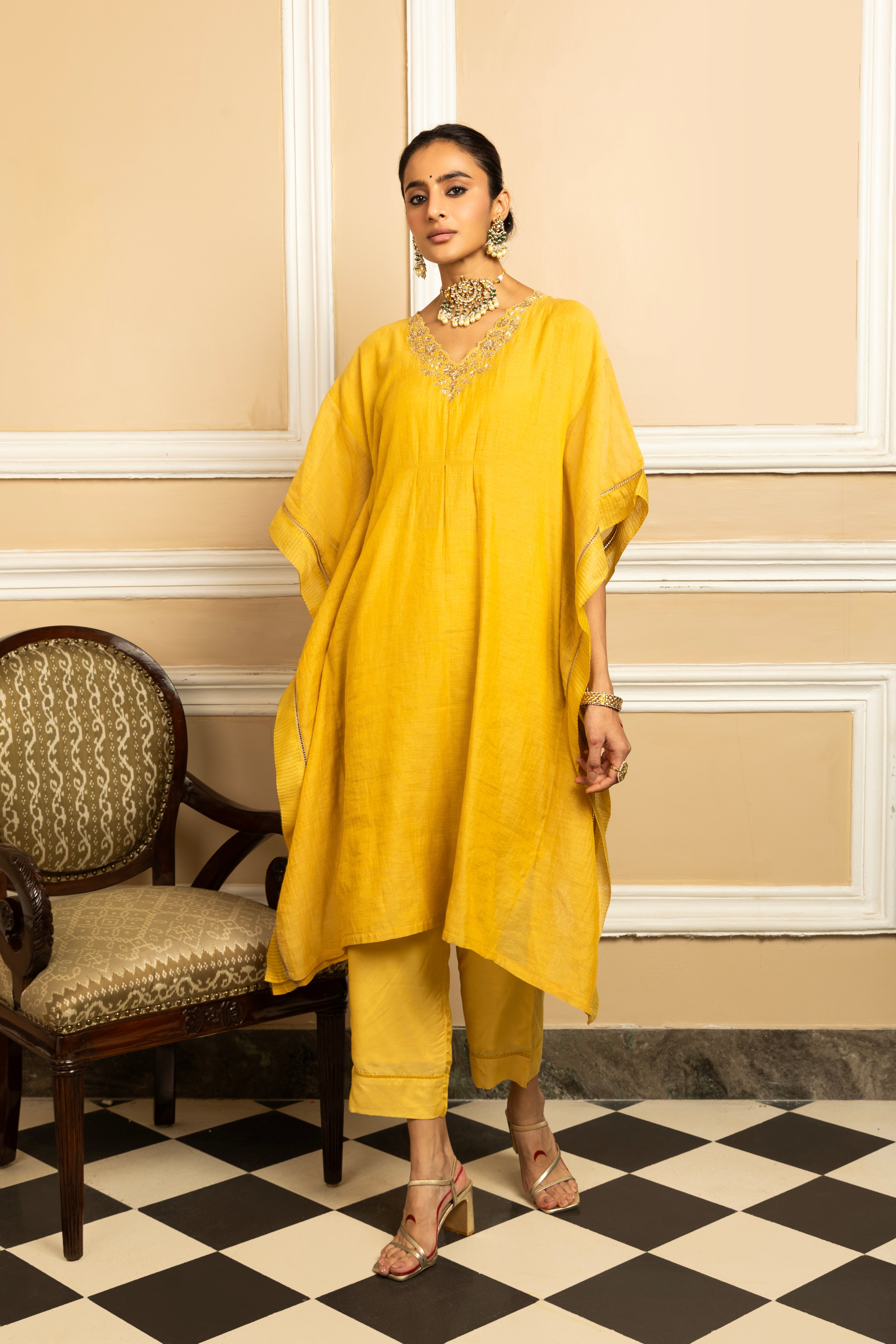 SUMIRA YELLOW TISSUE CHANDERI HANDCRAFTED KAFTAN SET (READY TO SHIP)