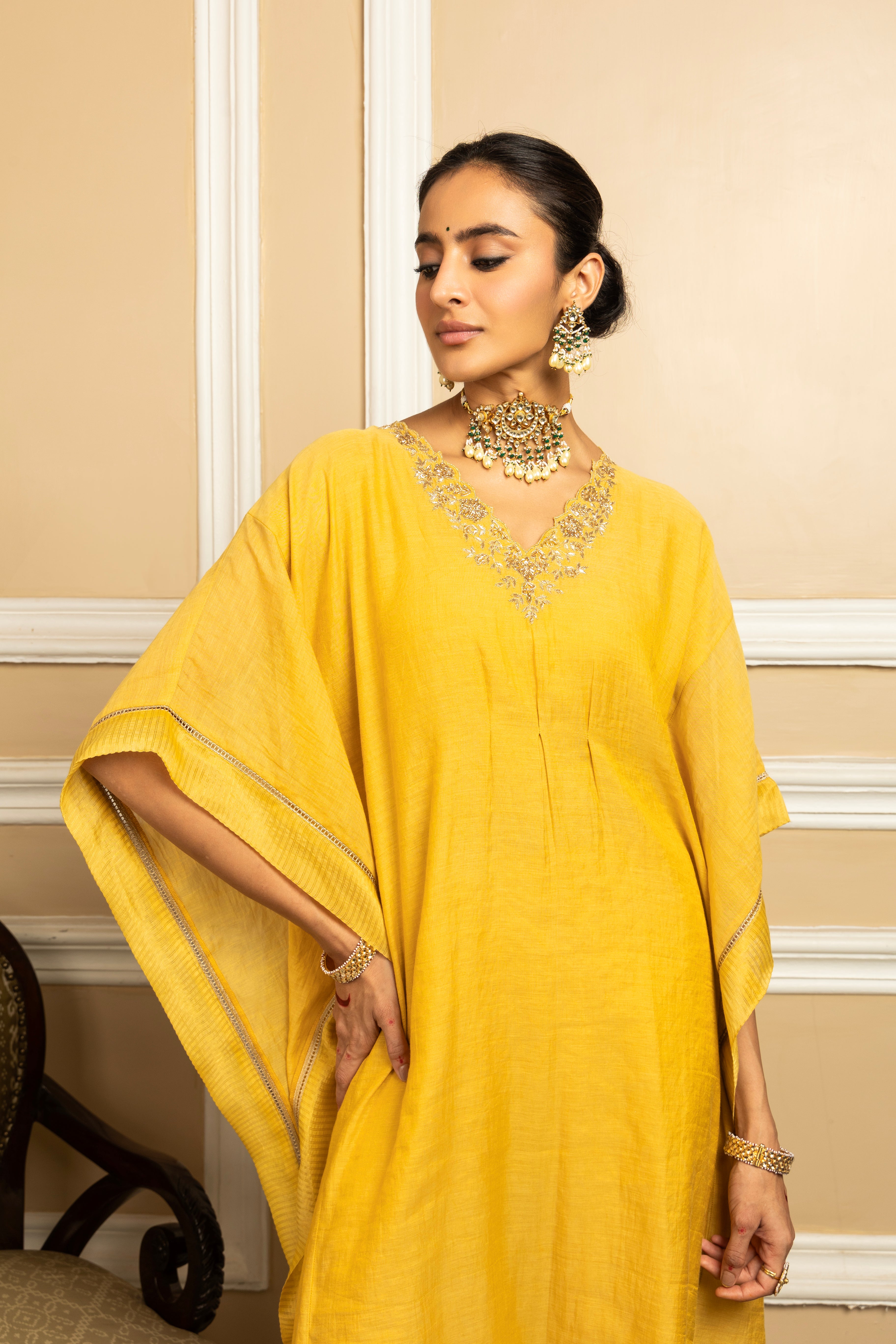 SUMIRA YELLOW TISSUE CHANDERI HANDCRAFTED KAFTAN SET (READY TO SHIP)