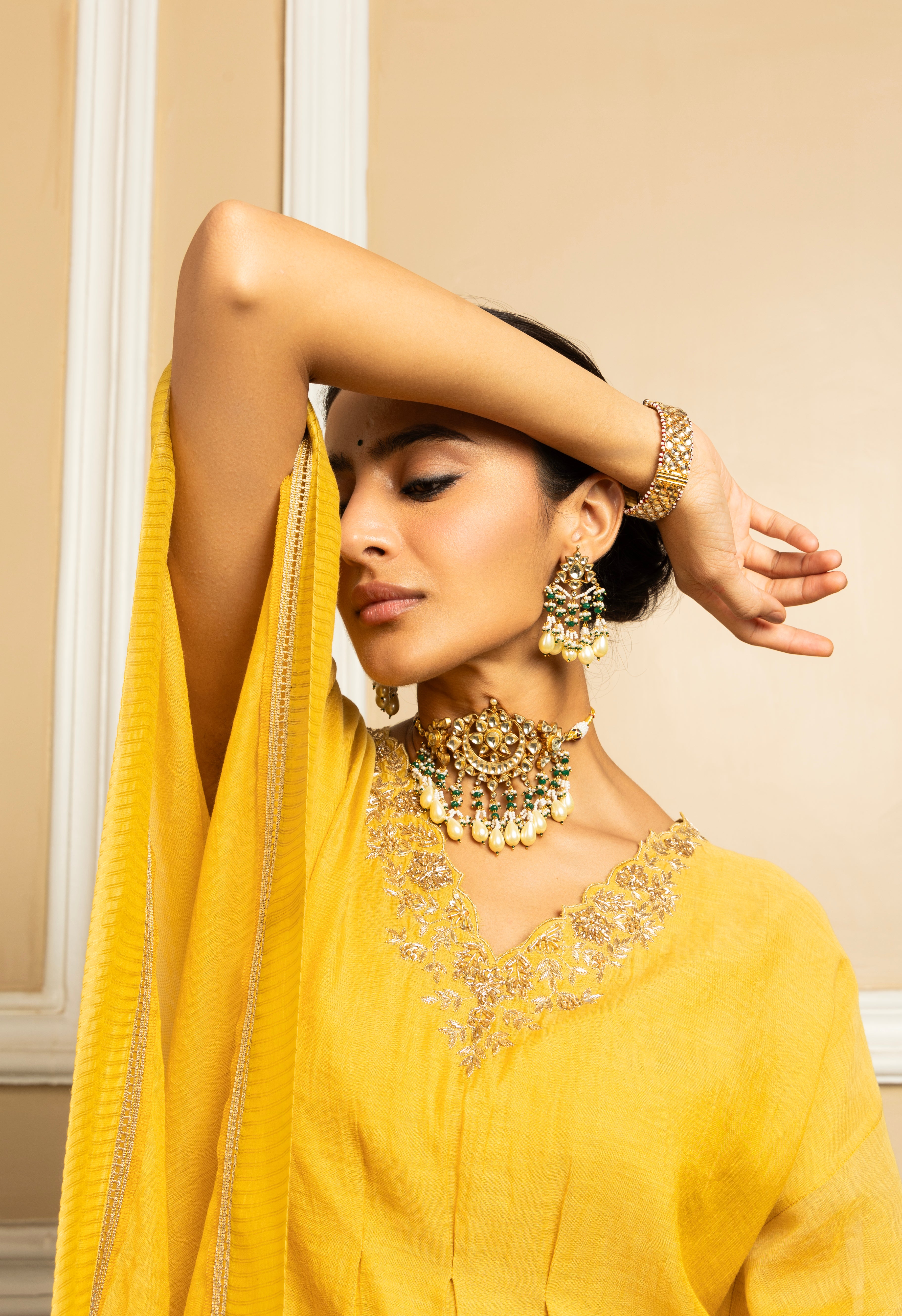 SUMIRA YELLOW TISSUE CHANDERI HANDCRAFTED KAFTAN SET (READY TO SHIP)