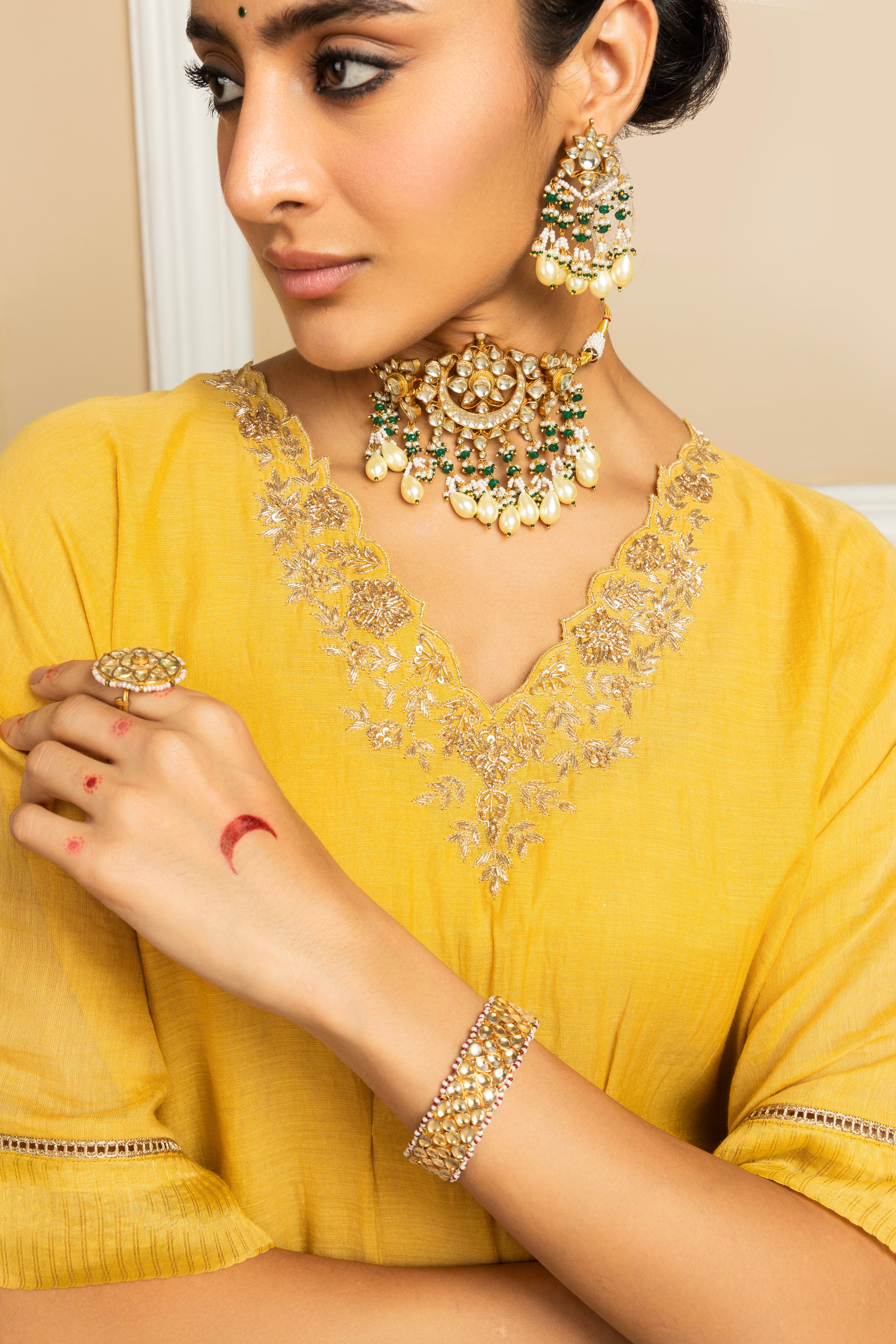 SUMIRA YELLOW TISSUE CHANDERI HANDCRAFTED KAFTAN SET (READY TO SHIP)