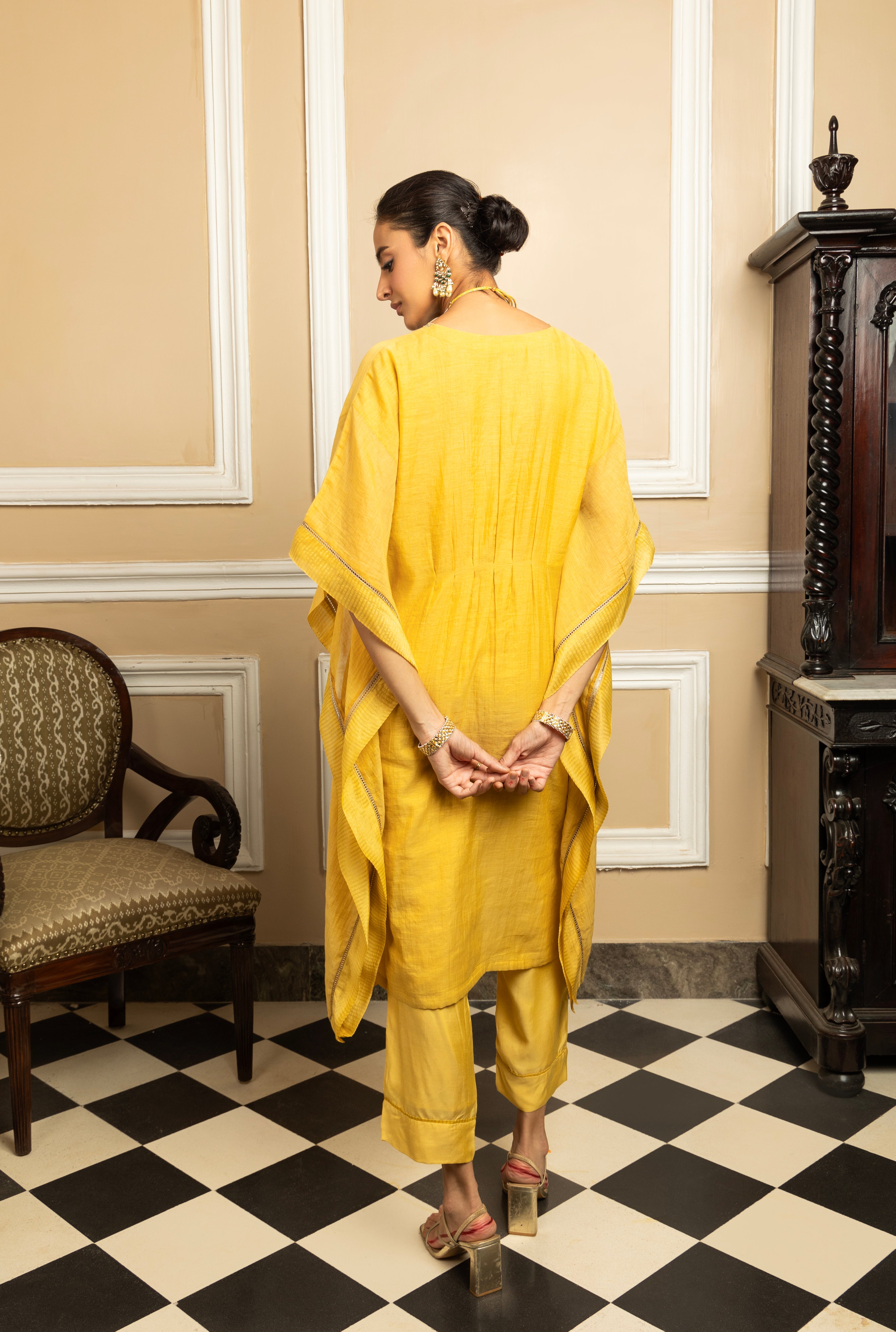 SUMIRA YELLOW TISSUE CHANDERI HANDCRAFTED KAFTAN SET (READY TO SHIP)