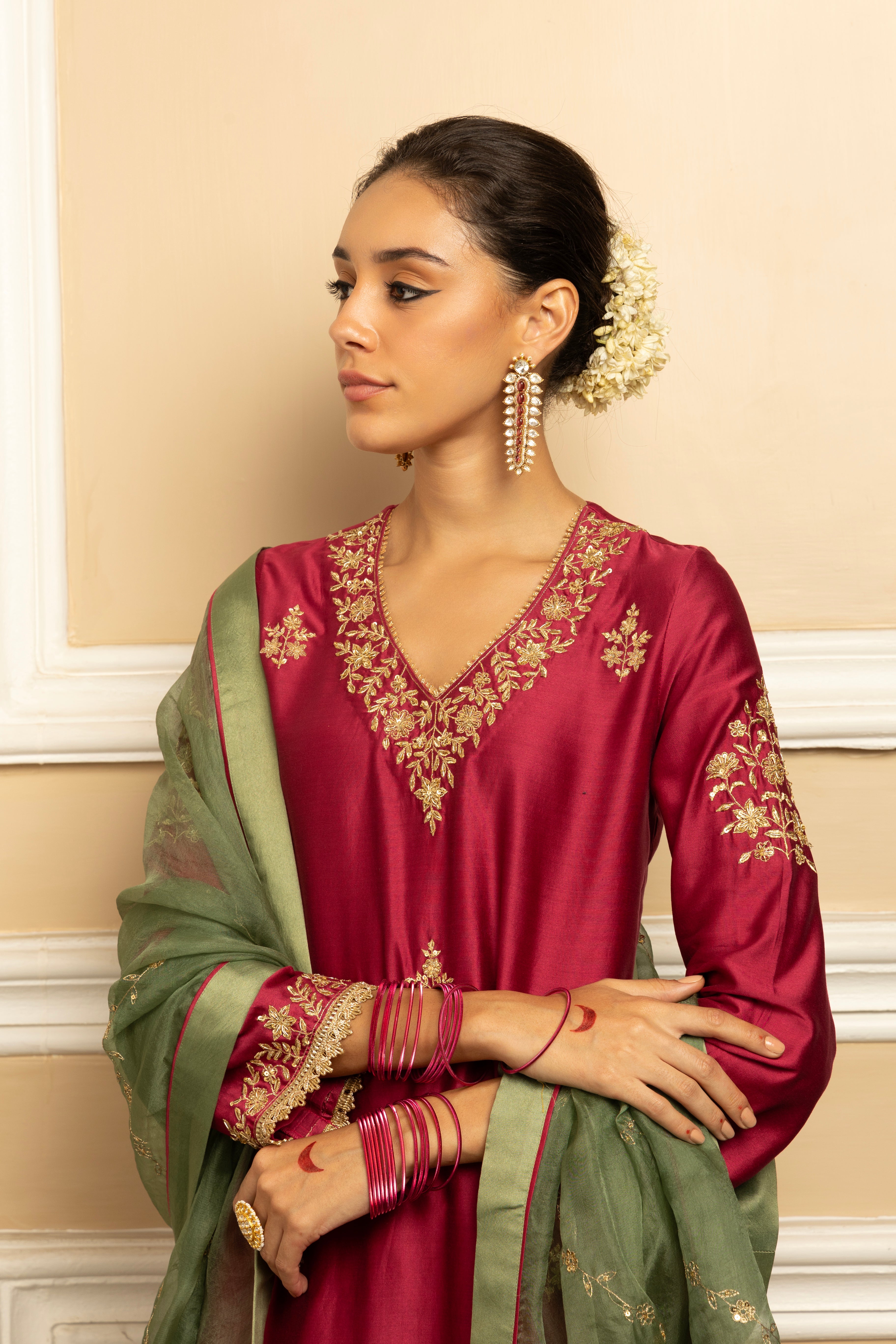 NAAZ PLUM SILK CHANDERI HANDCRAFTED KURTA SET