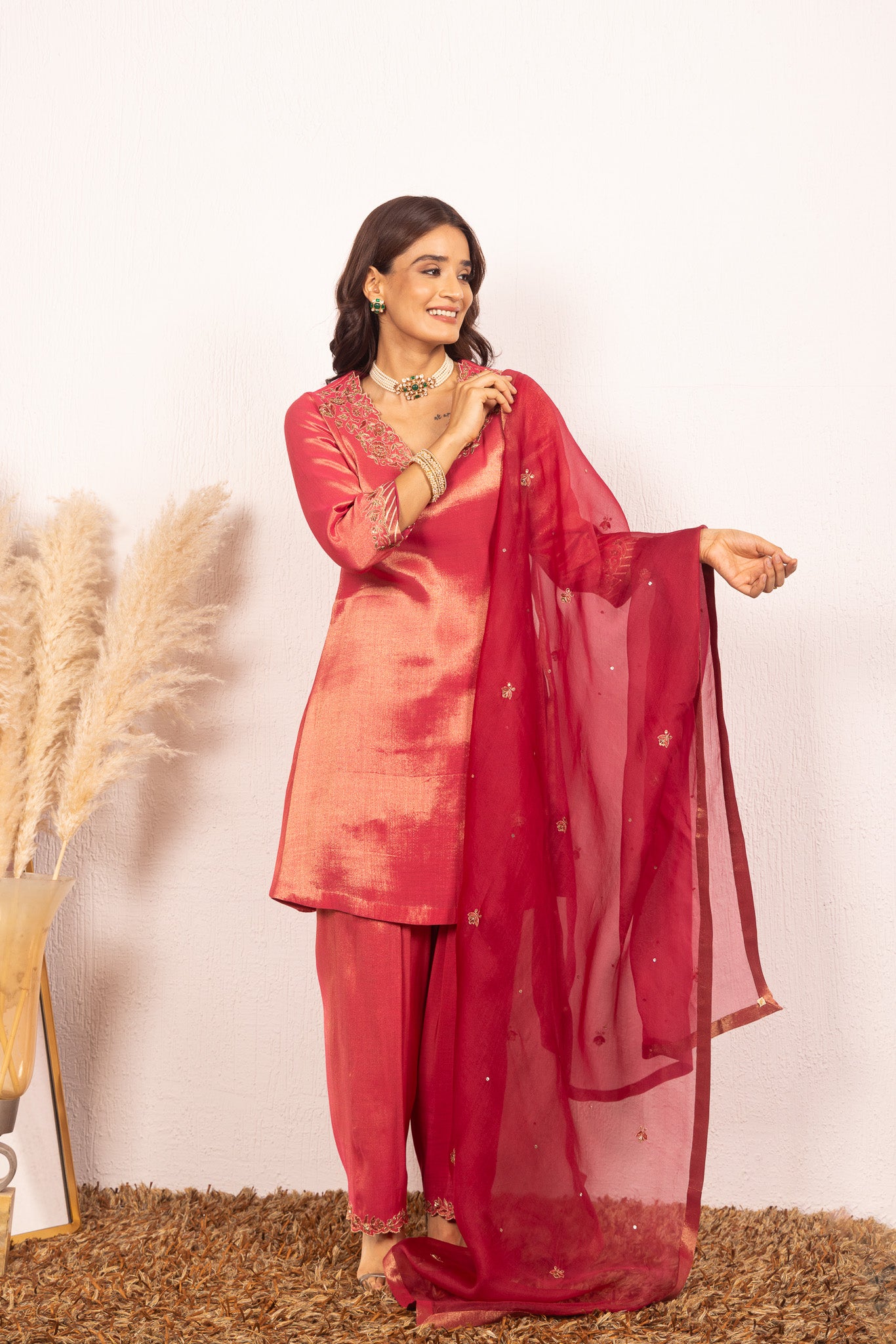 Saanvi Plum handcrafted tissue kurta set (READY TO SHIP)