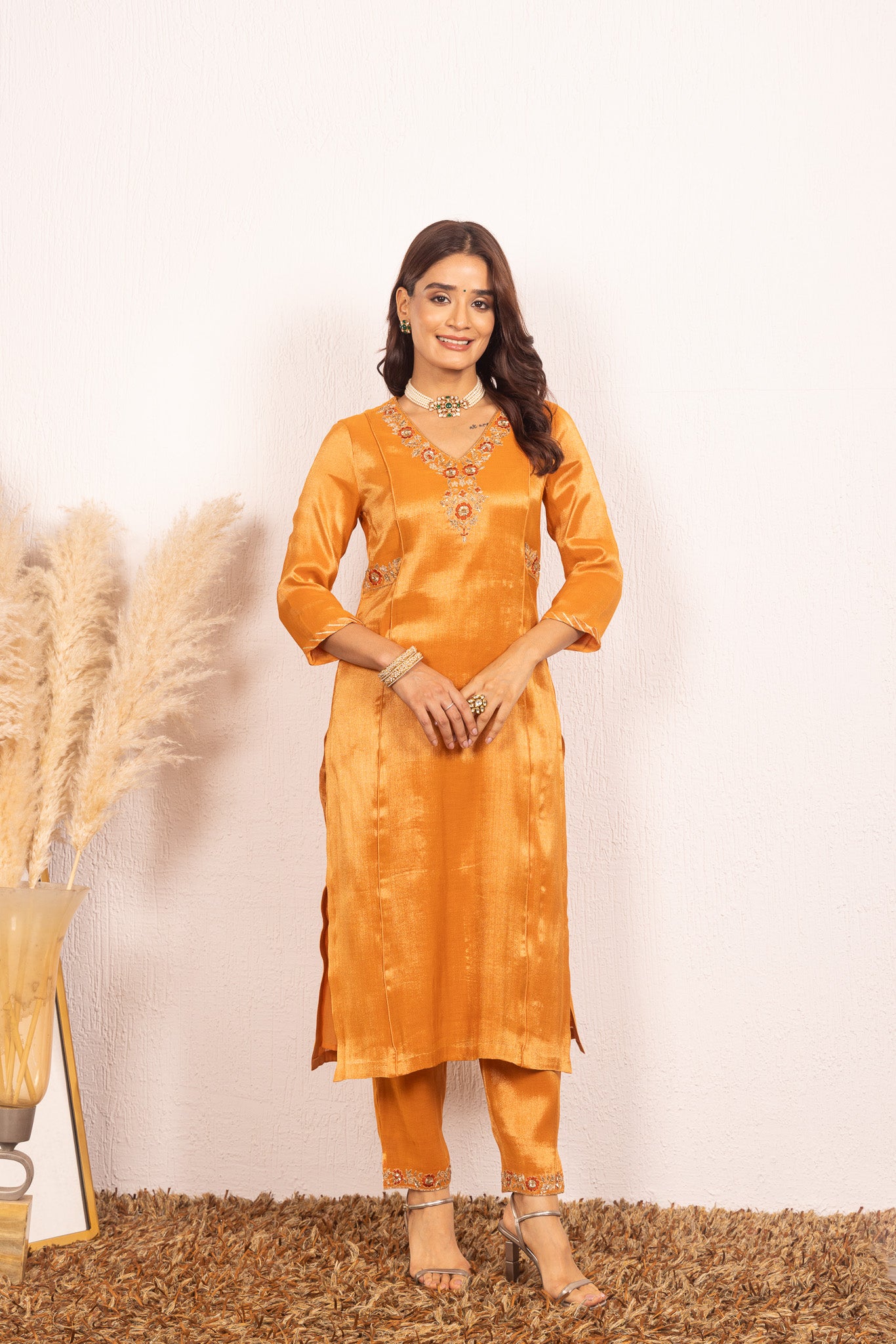 Suhani Orange Tissue Handcrafted Kurta Set