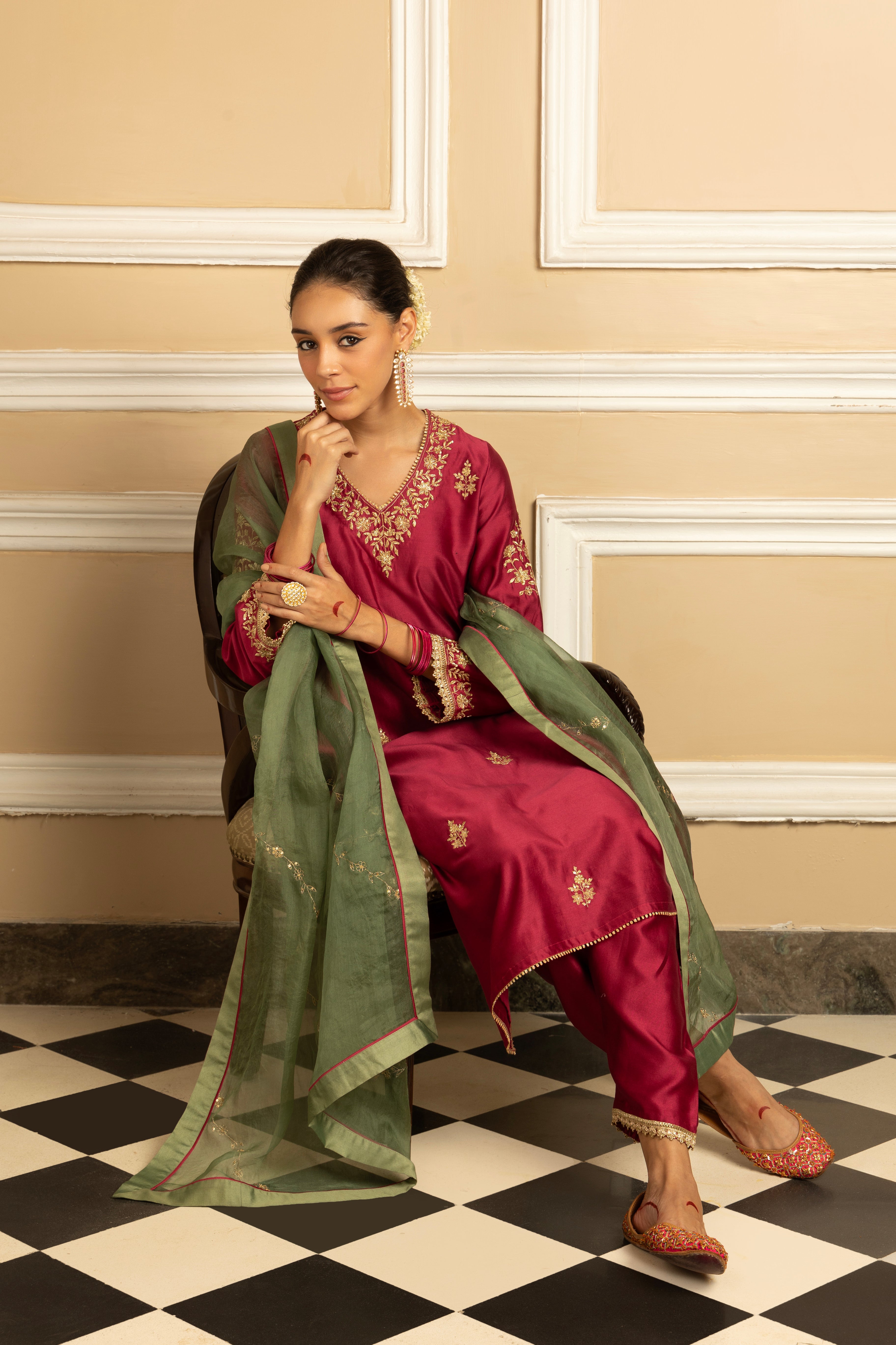 NAAZ PLUM SILK CHANDERI HANDCRAFTED KURTA SET