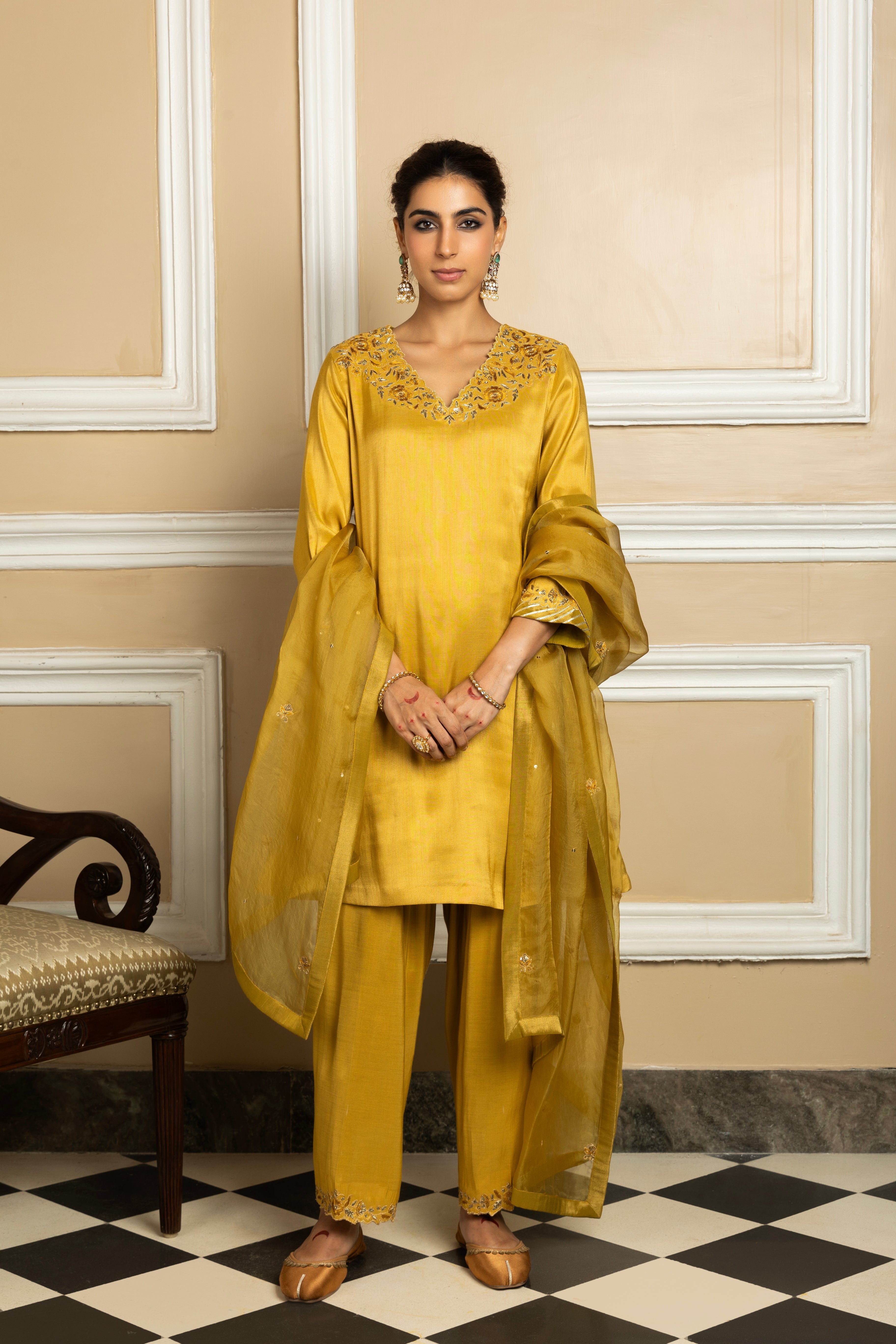 SAANVI MUSTARD HANDCRAFTED TISSUE KURTA SET