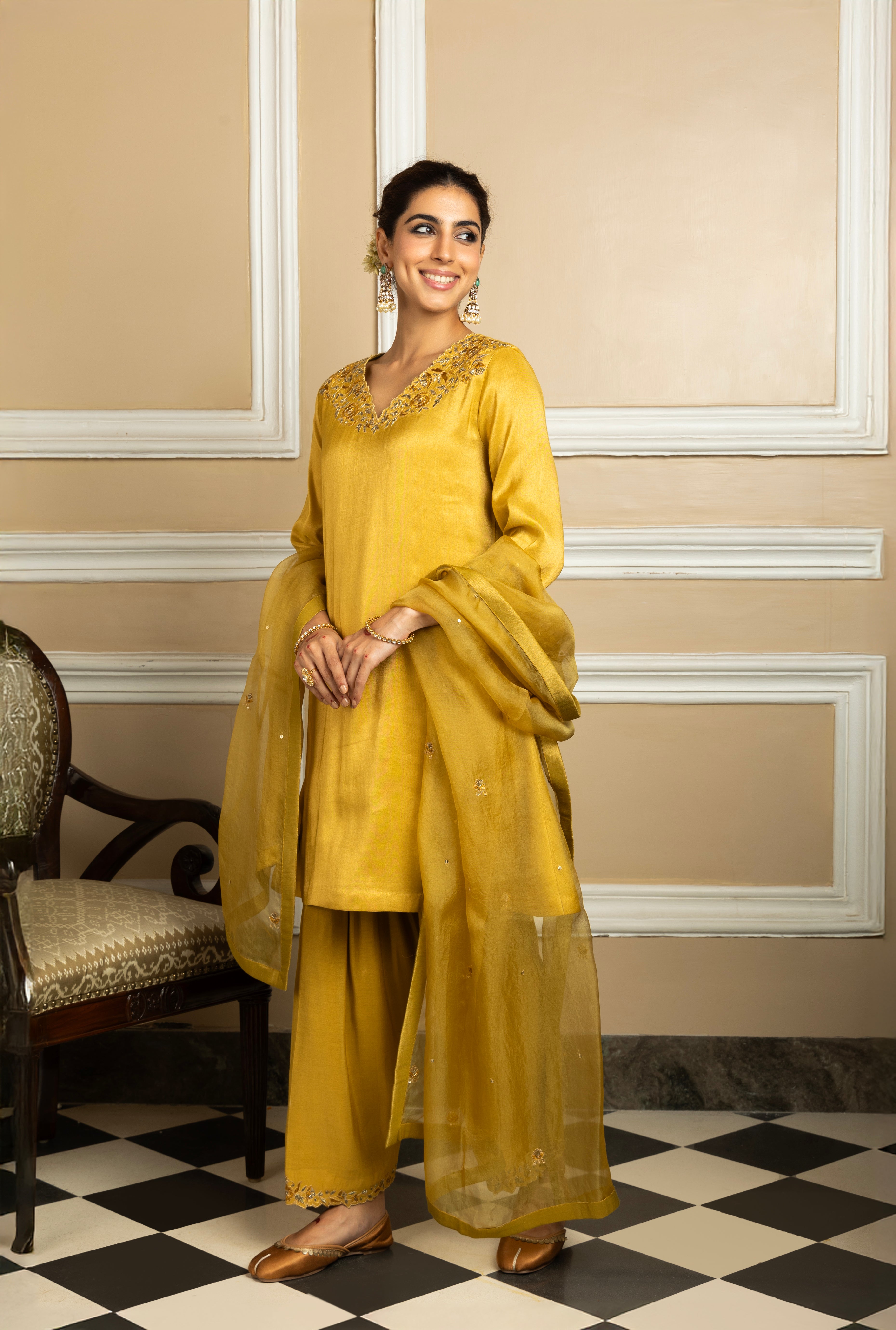 SAANVI MUSTARD HANDCRAFTED TISSUE KURTA SET