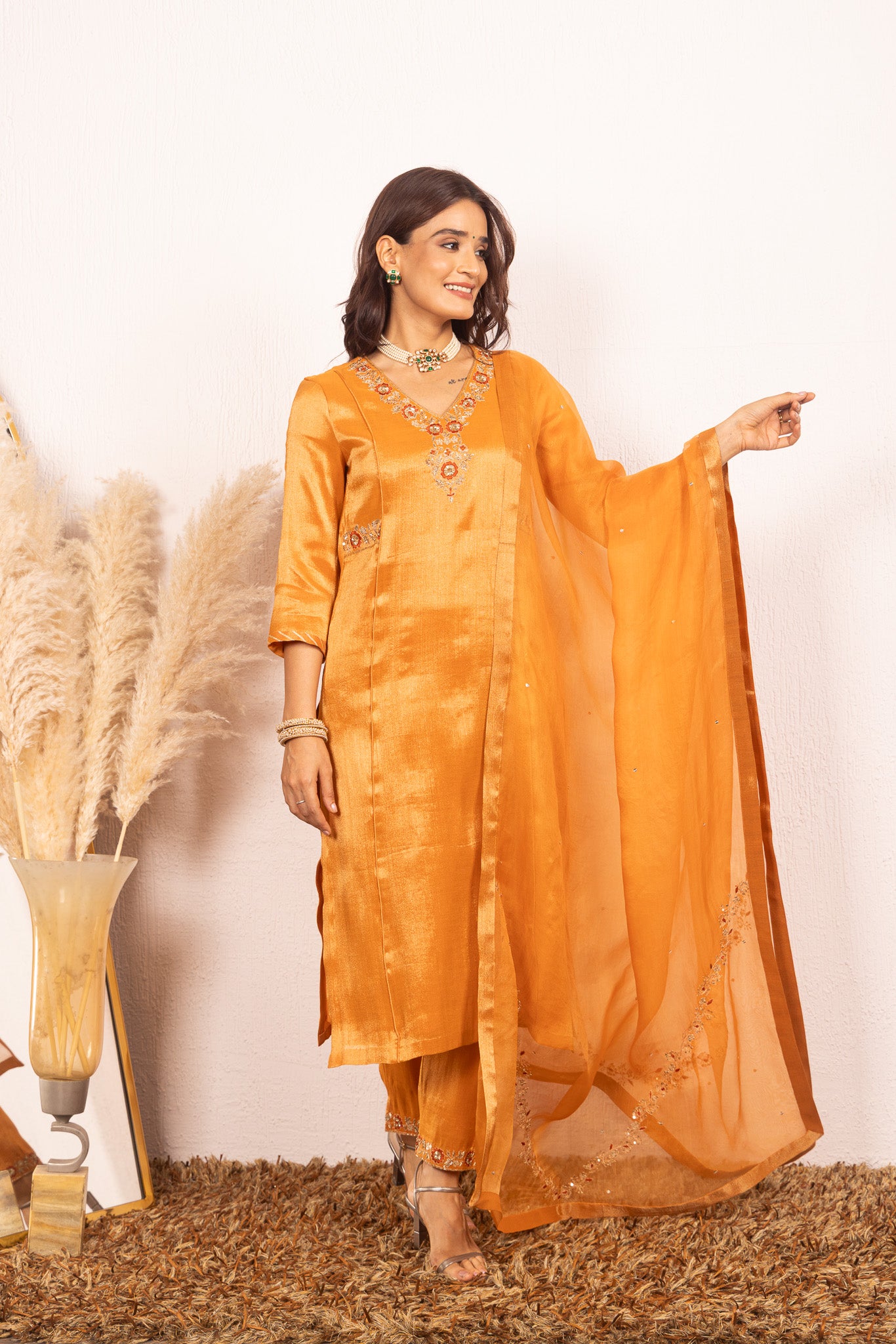 Suhani Orange Tissue Handcrafted Kurta Set