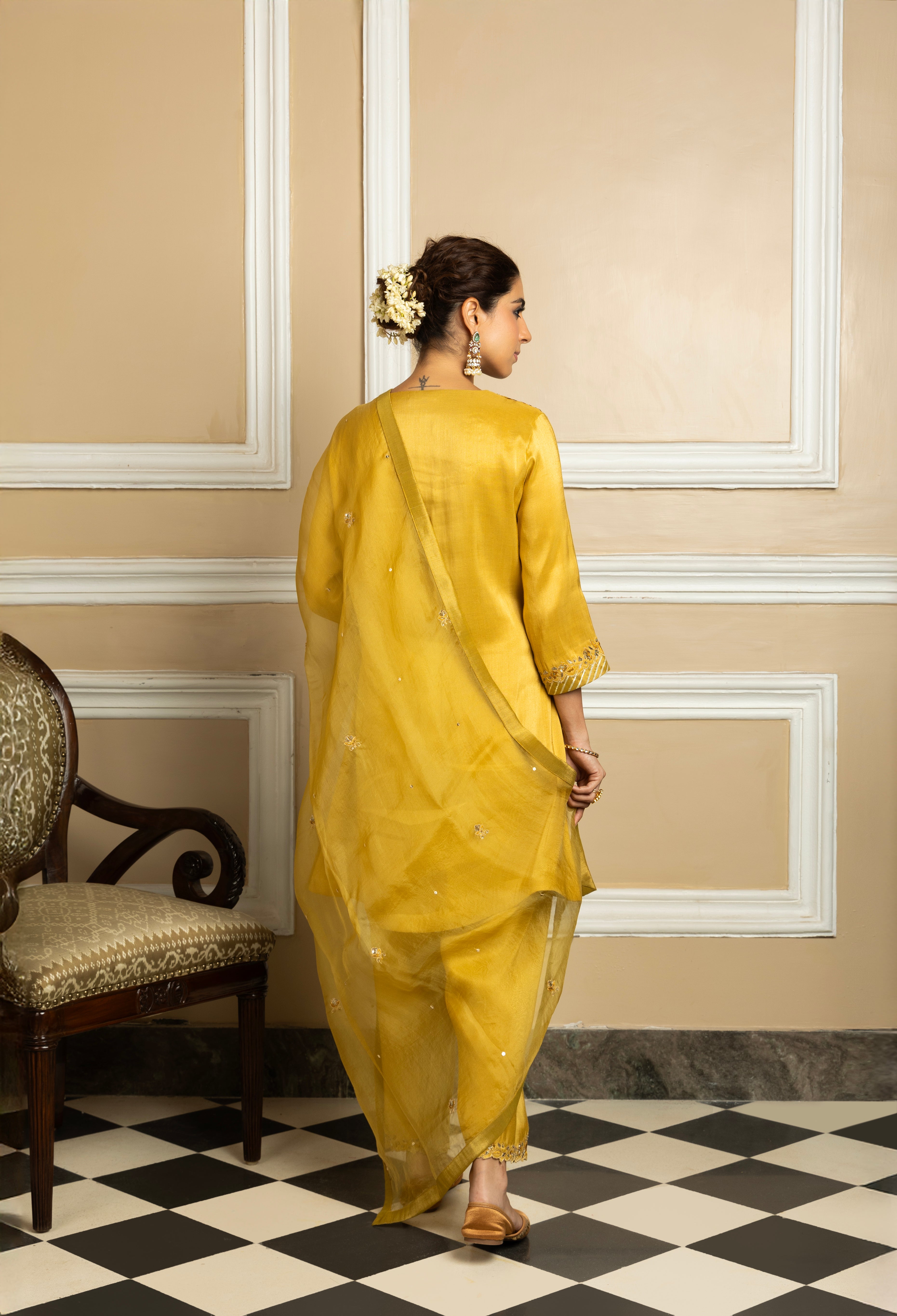 SAANVI MUSTARD HANDCRAFTED TISSUE KURTA SET