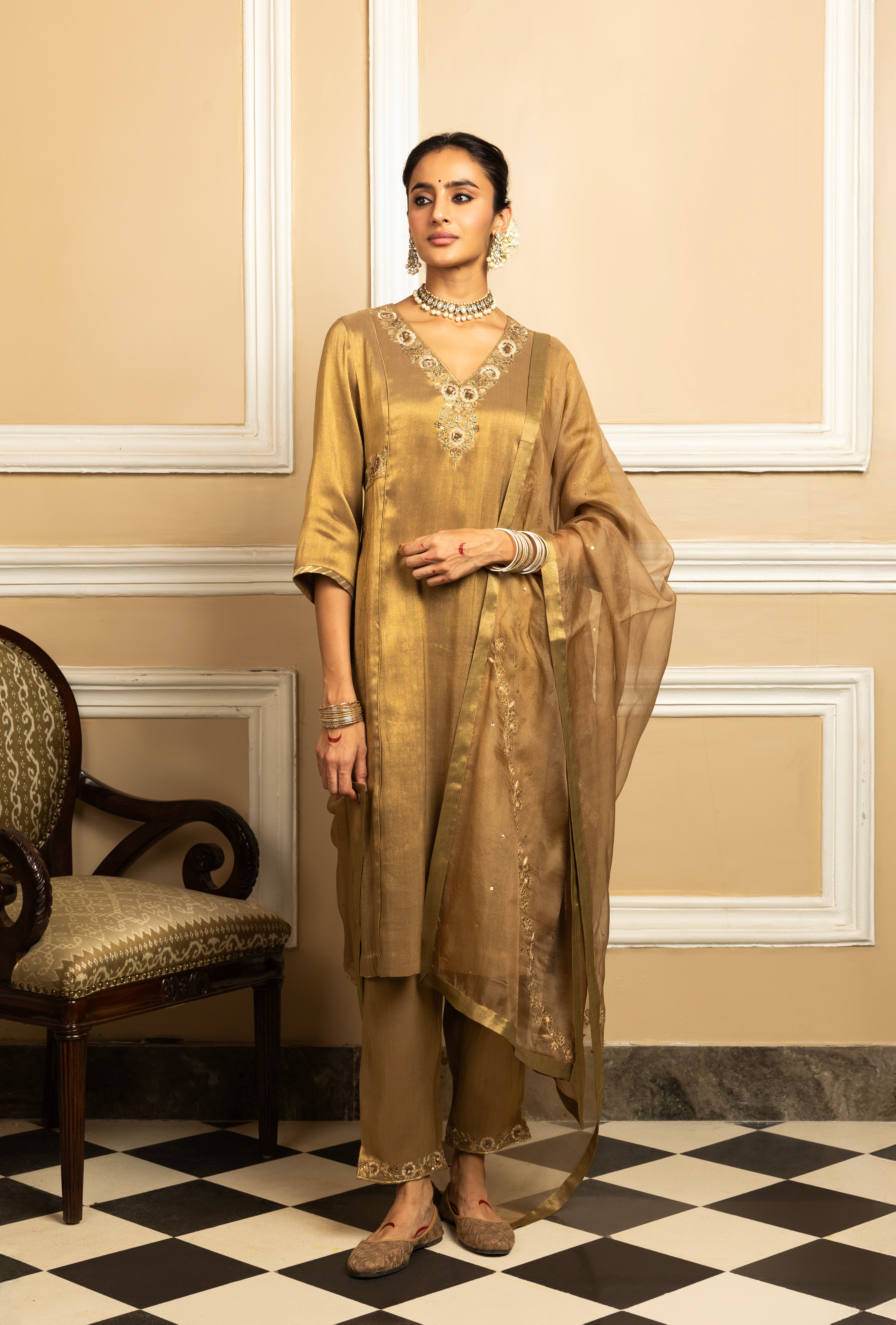 SUHANI GOLD TISSUE HANDCRAFTED KURTA SET