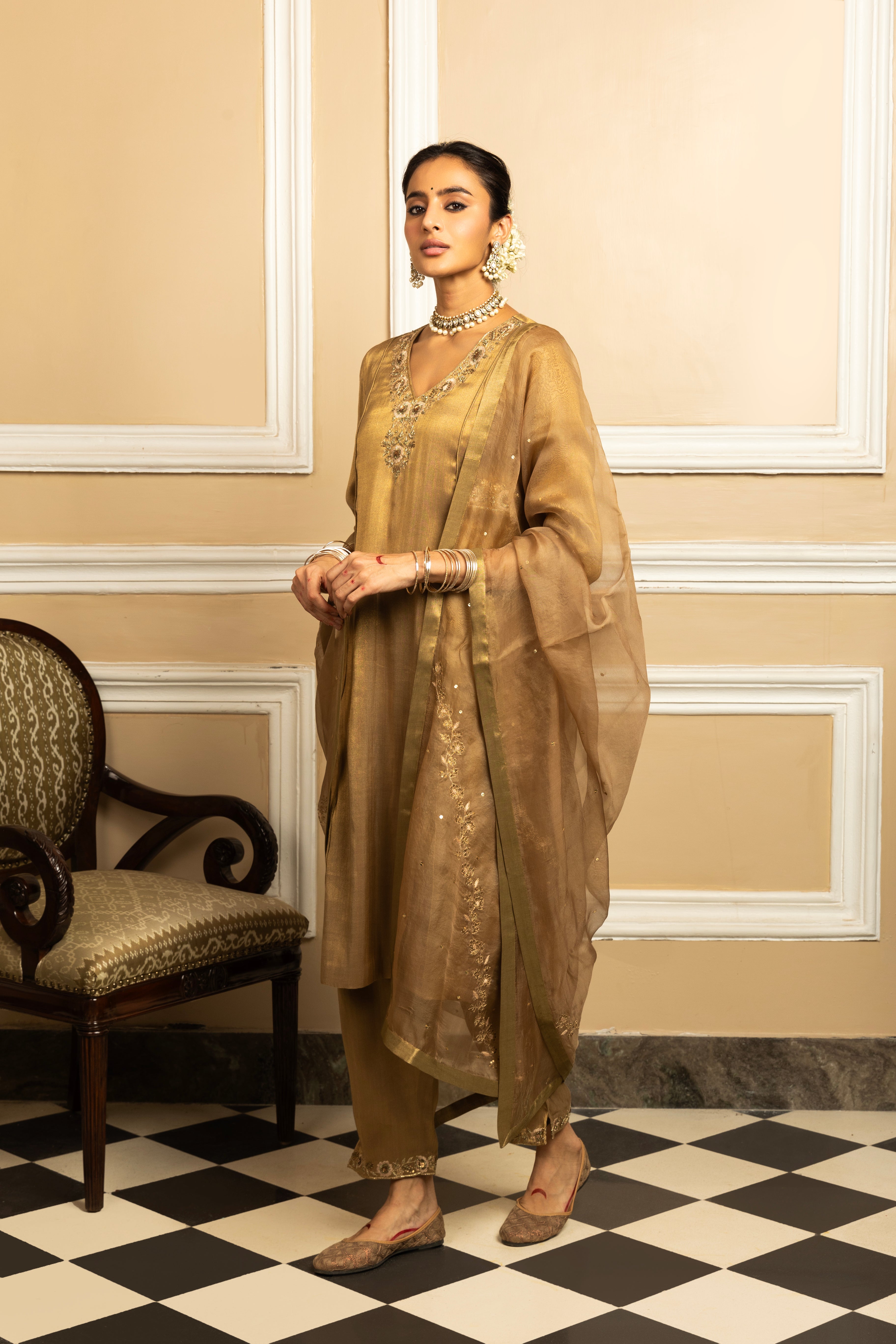 SUHANI GOLD TISSUE HANDCRAFTED KURTA SET