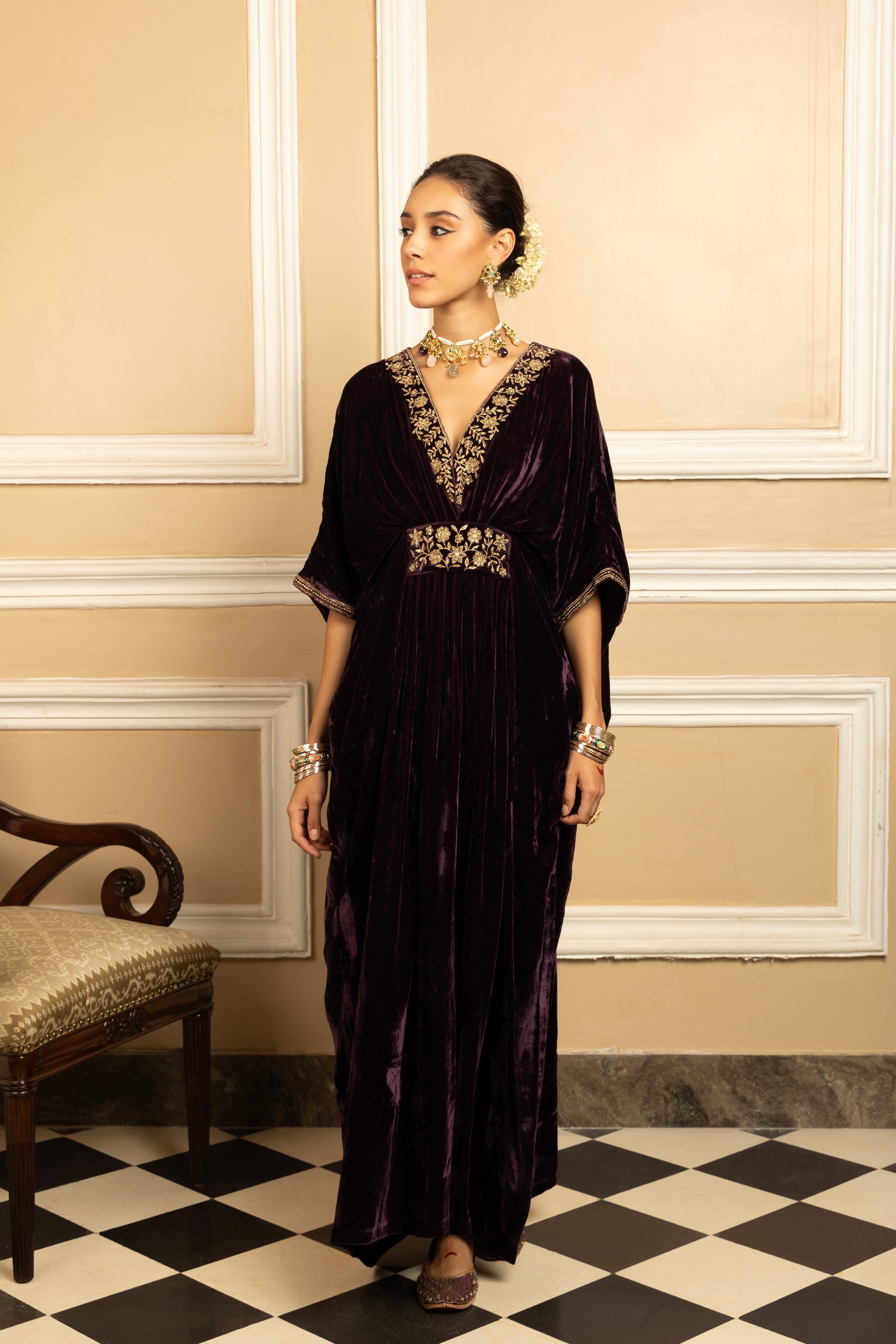 GULZAR PURPLE HANDCRAFTED SILK VELVET KAFTAN