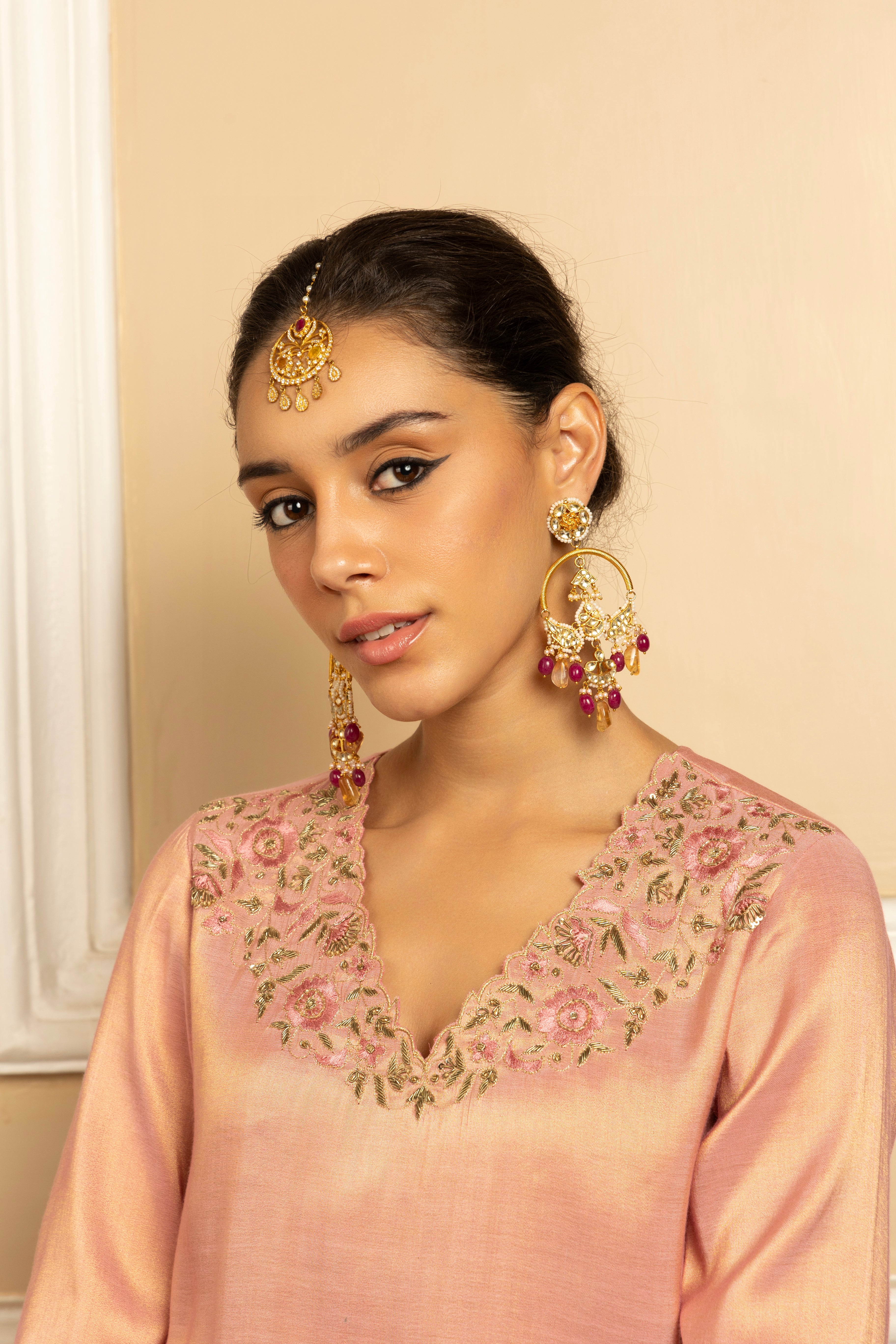 SAANVI PINK HANDCRAFTED TISSUE KURTA SET