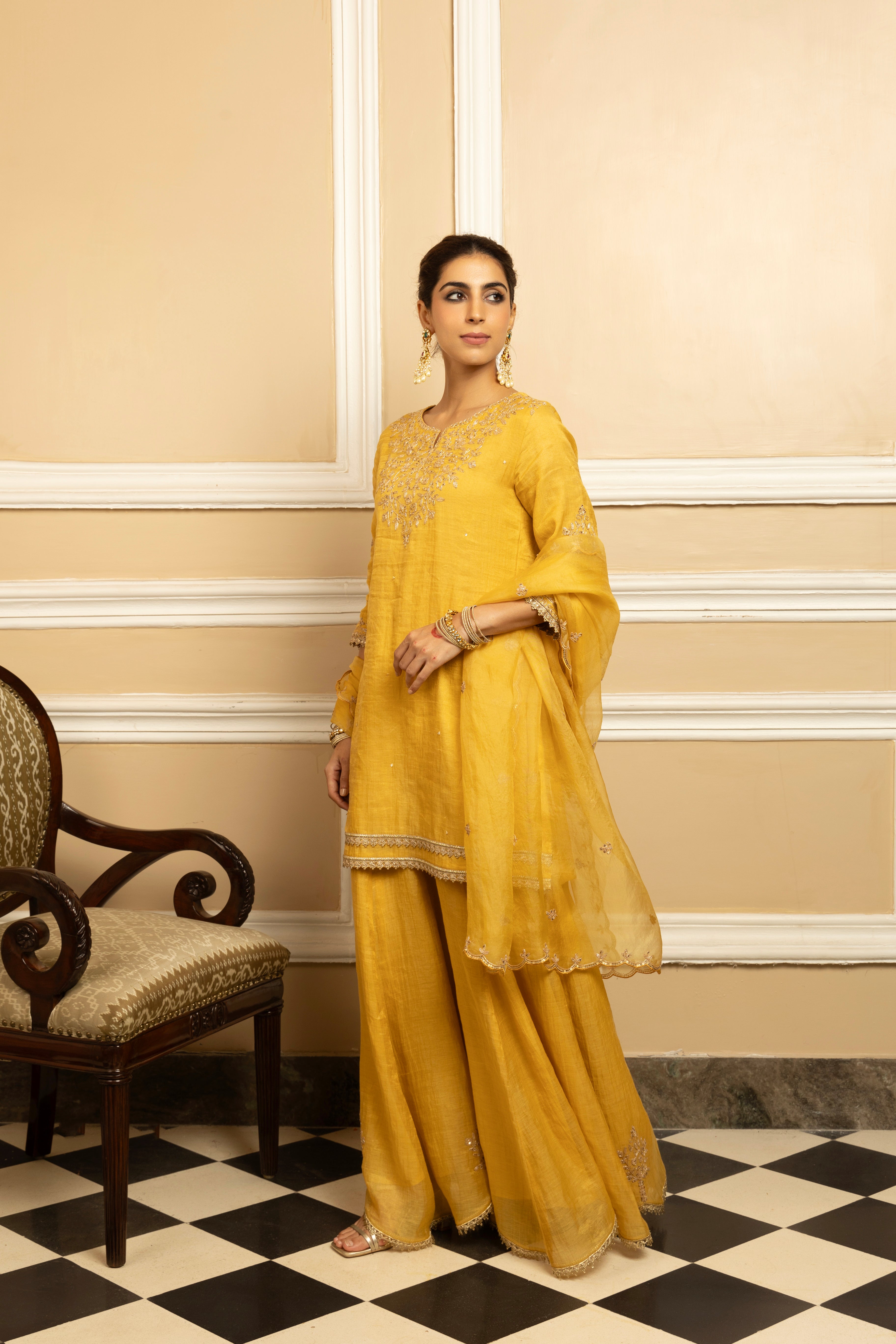NOOR YELLOW TISSUE CHANDERI HANDCRAFTED SHARARA SET