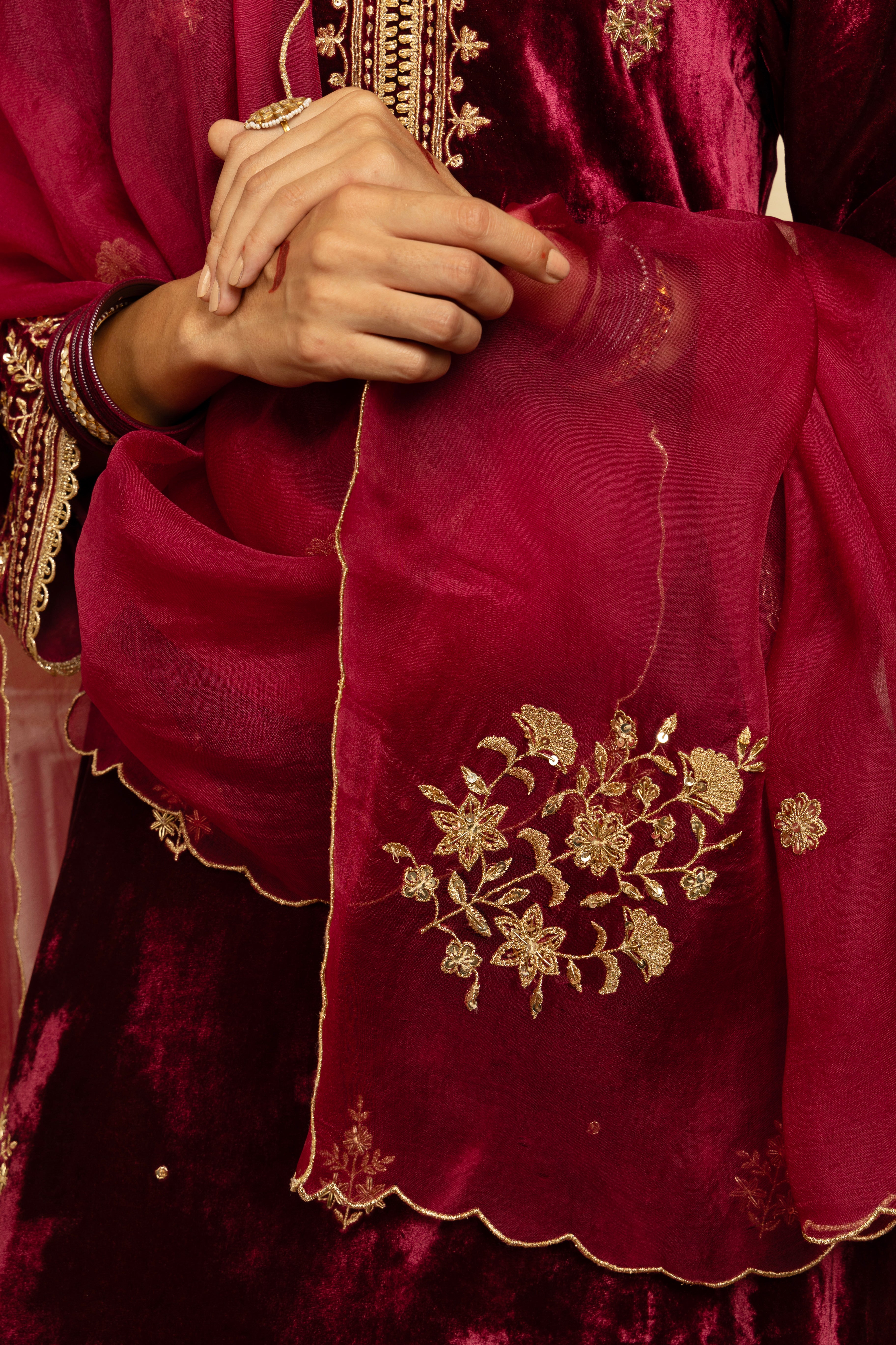 MEHFIL PLUM SILK VELVET HANDCRAFTED KURTA SET