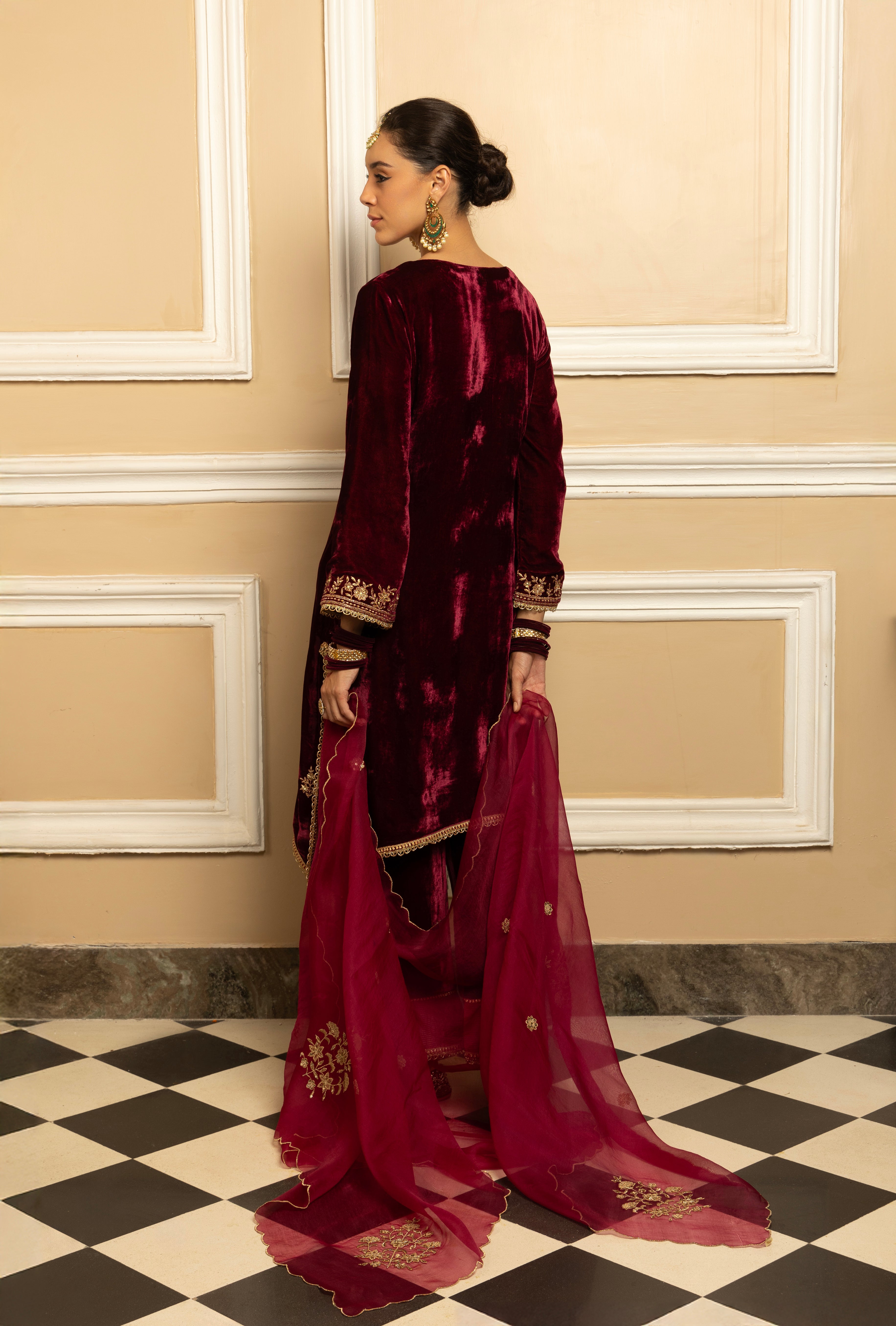 MEHFIL PLUM SILK VELVET HANDCRAFTED KURTA SET