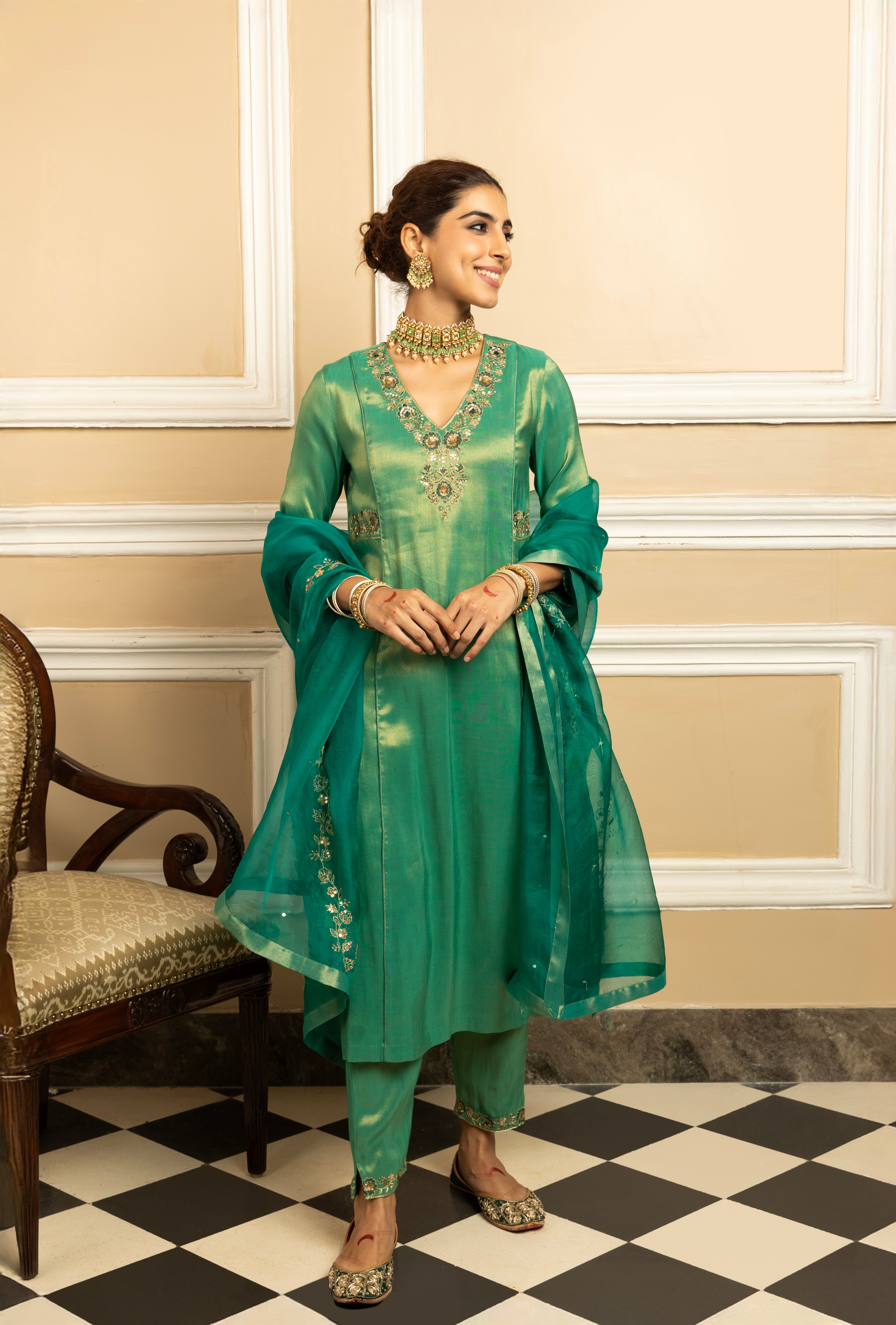 SUHANI GREEN TISSUE HANDCRAFTED KURTA SET