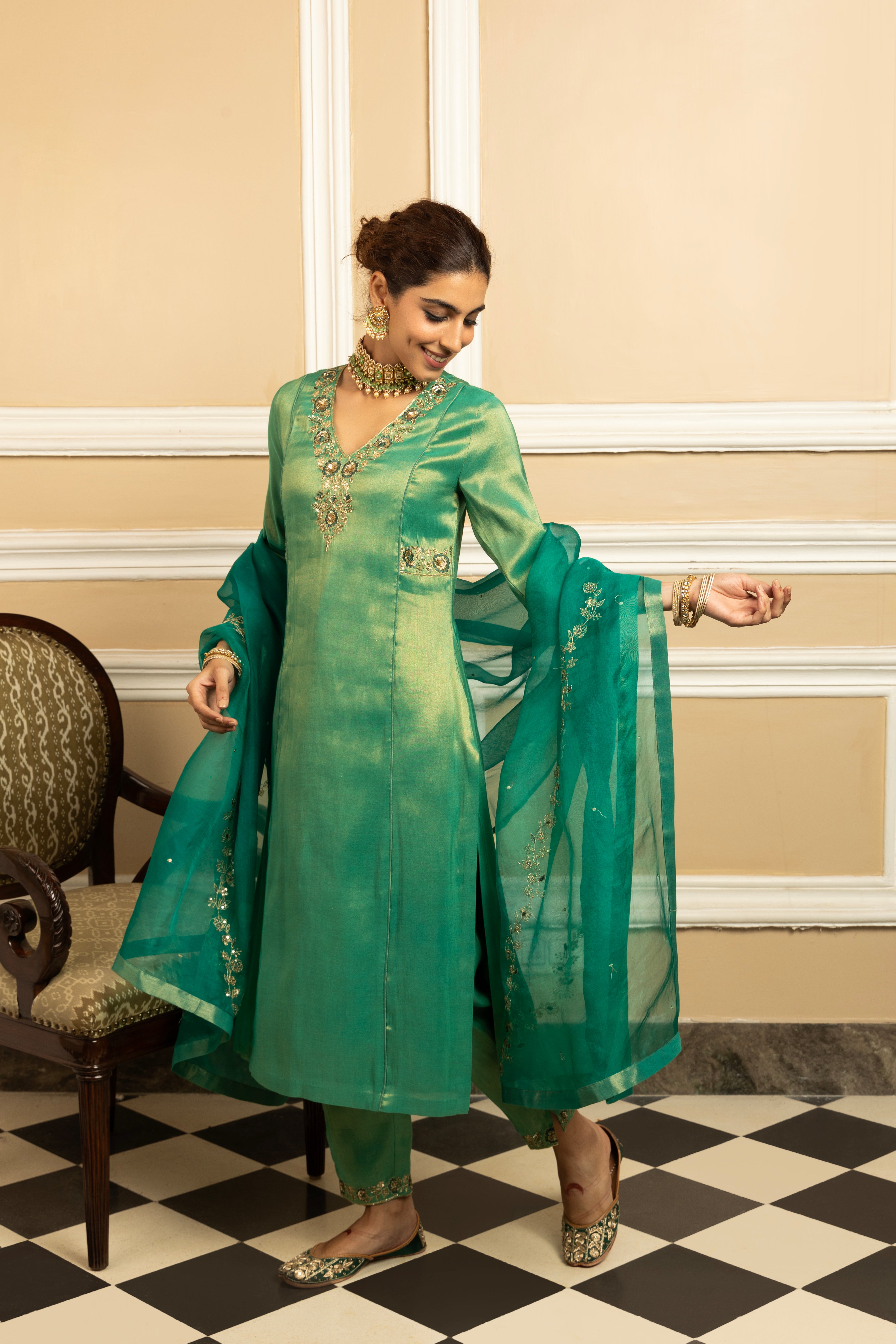SUHANI GREEN TISSUE HANDCRAFTED KURTA SET