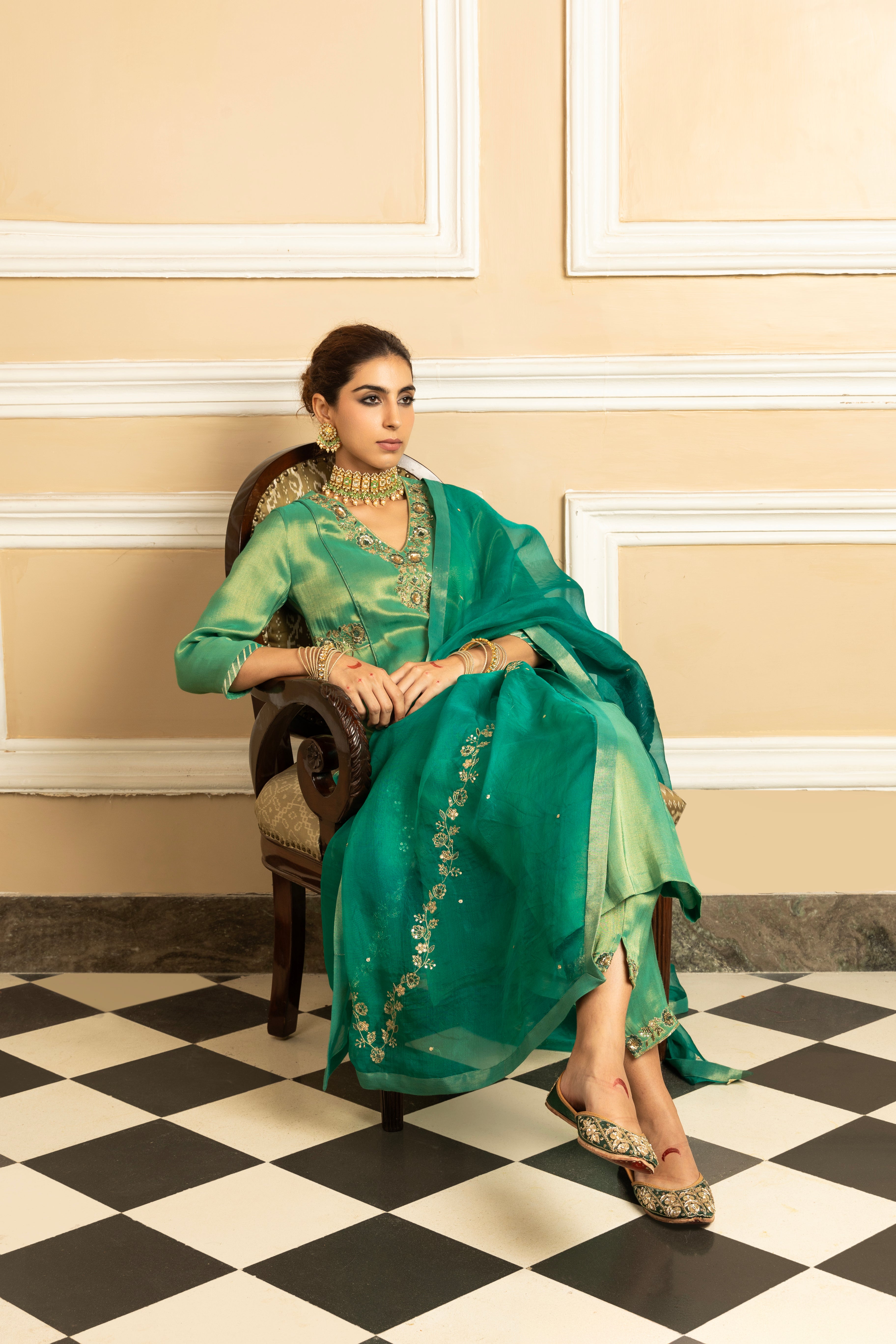 SUHANI GREEN TISSUE HANDCRAFTED KURTA SET