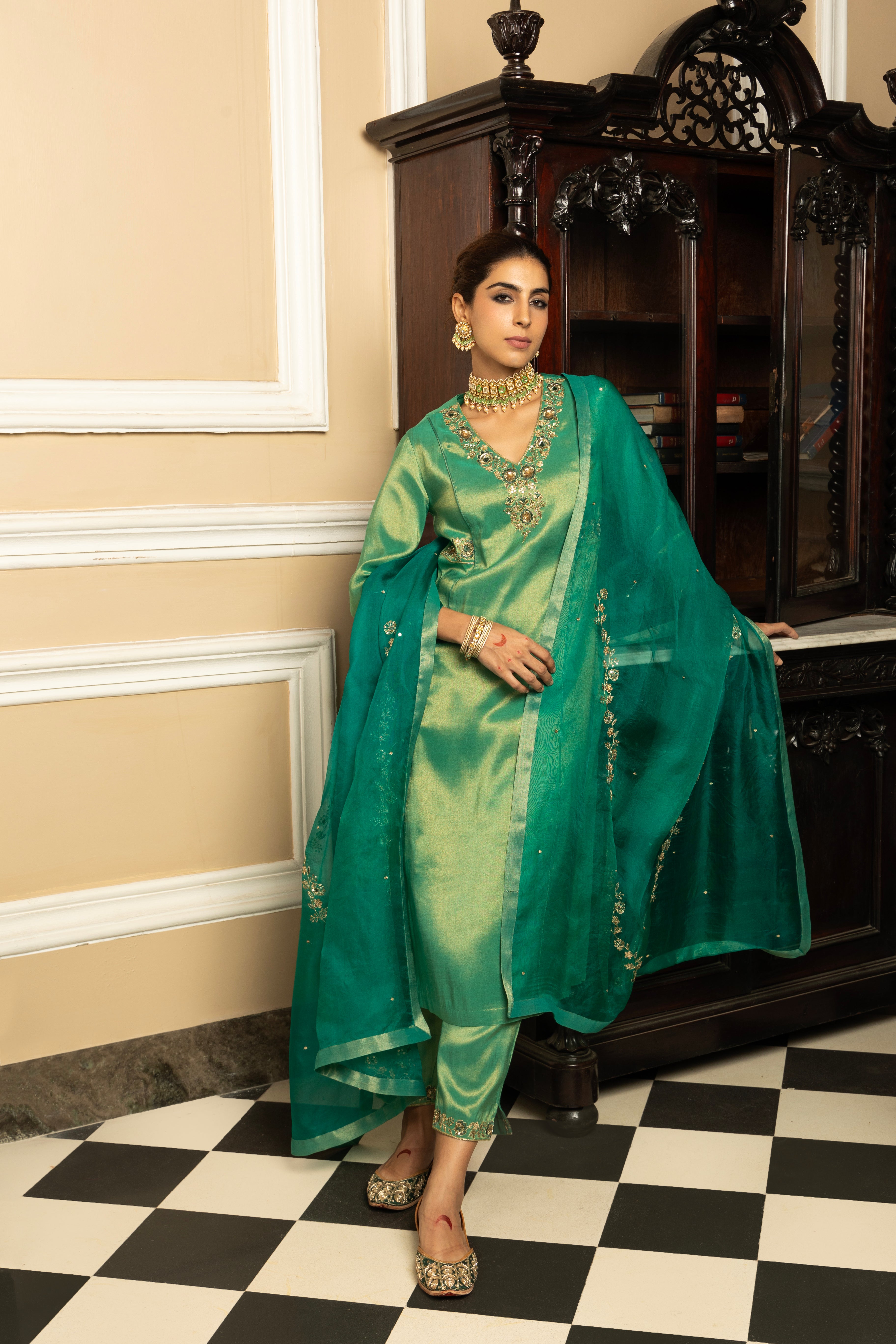 SUHANI GREEN TISSUE HANDCRAFTED KURTA SET