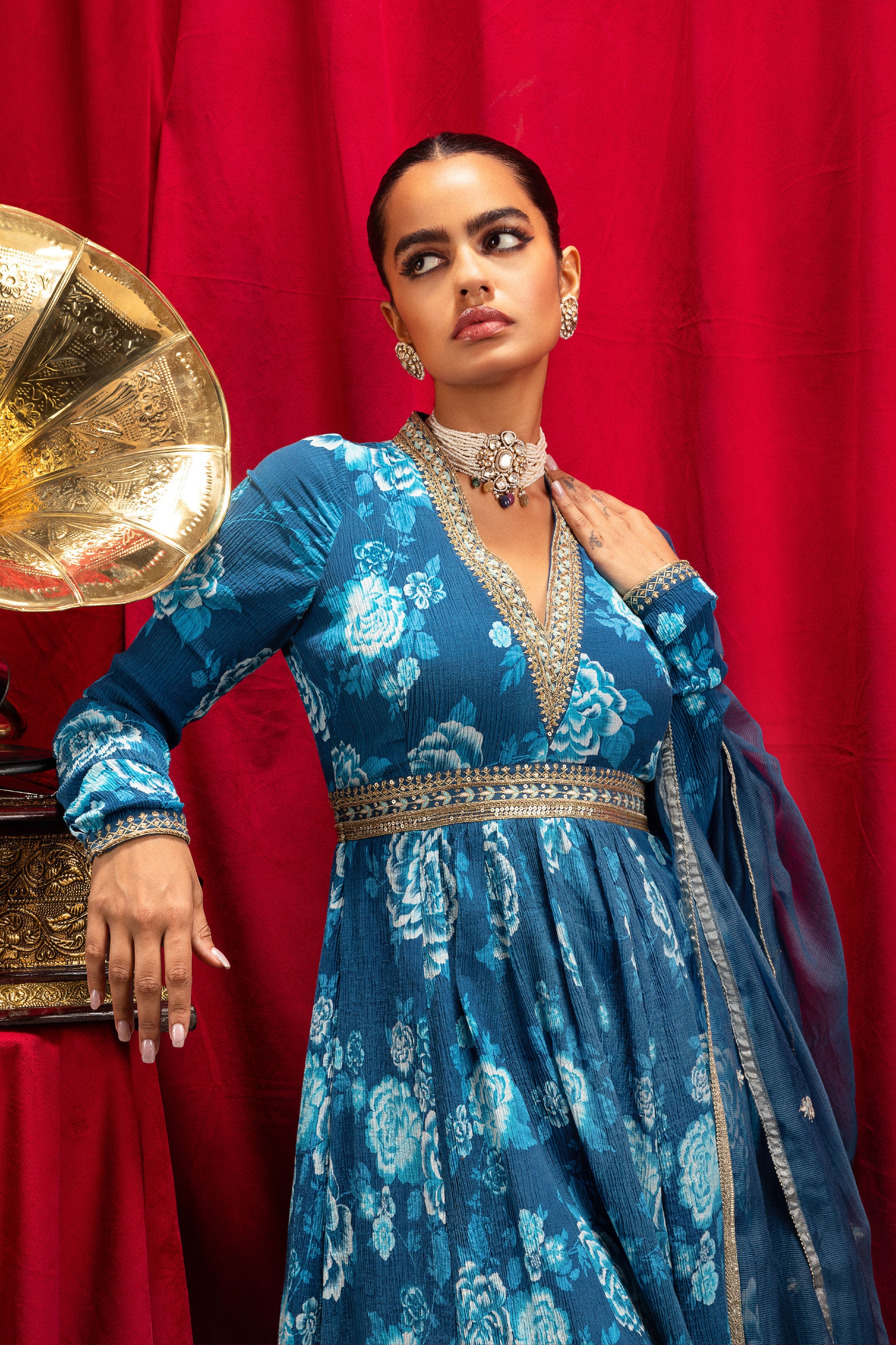 MUMTAZ BLUE PRINTED ANARKALI HANDCRAFTED KURTA SET