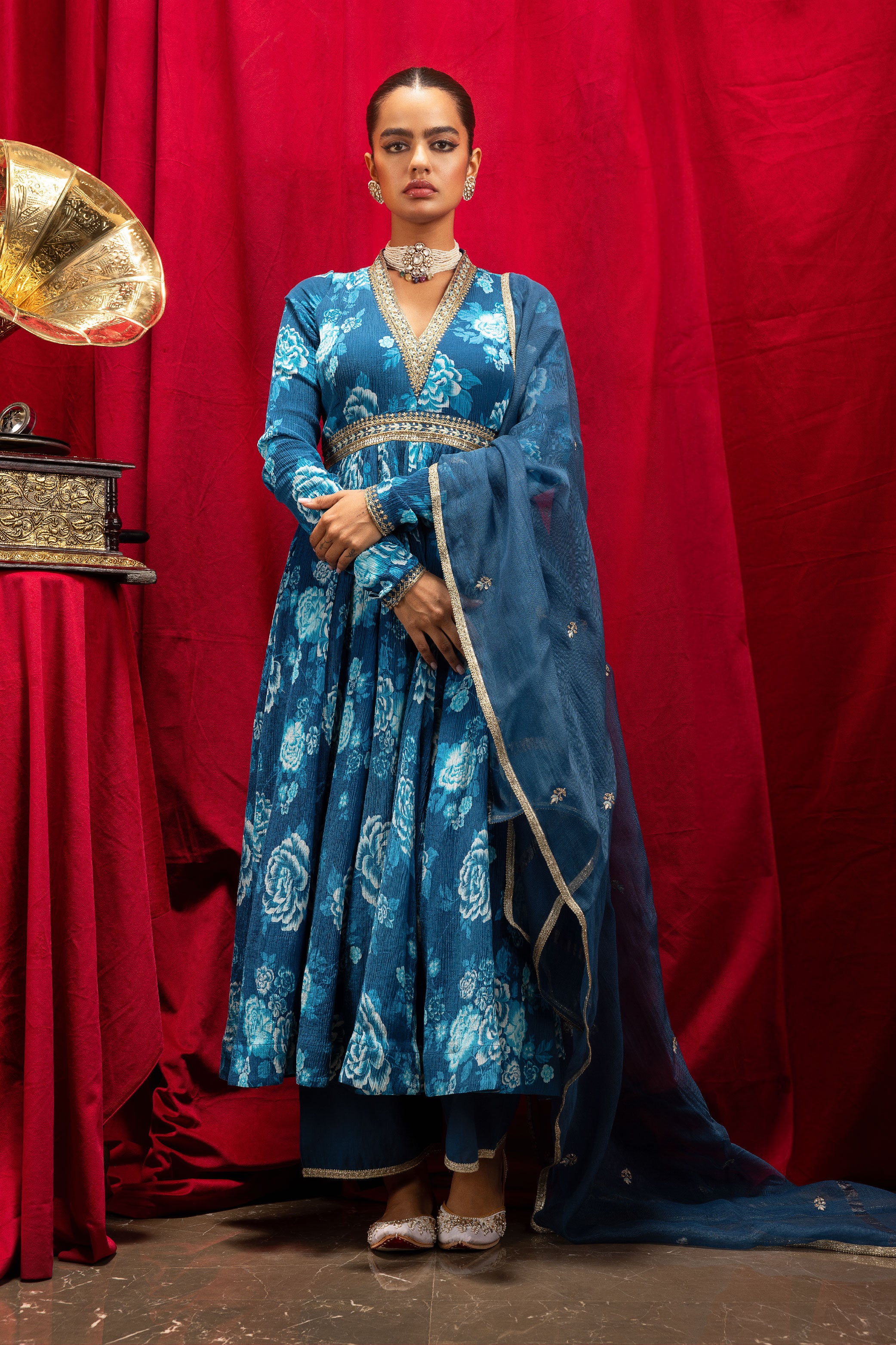 MUMTAZ BLUE PRINTED ANARKALI HANDCRAFTED KURTA SET