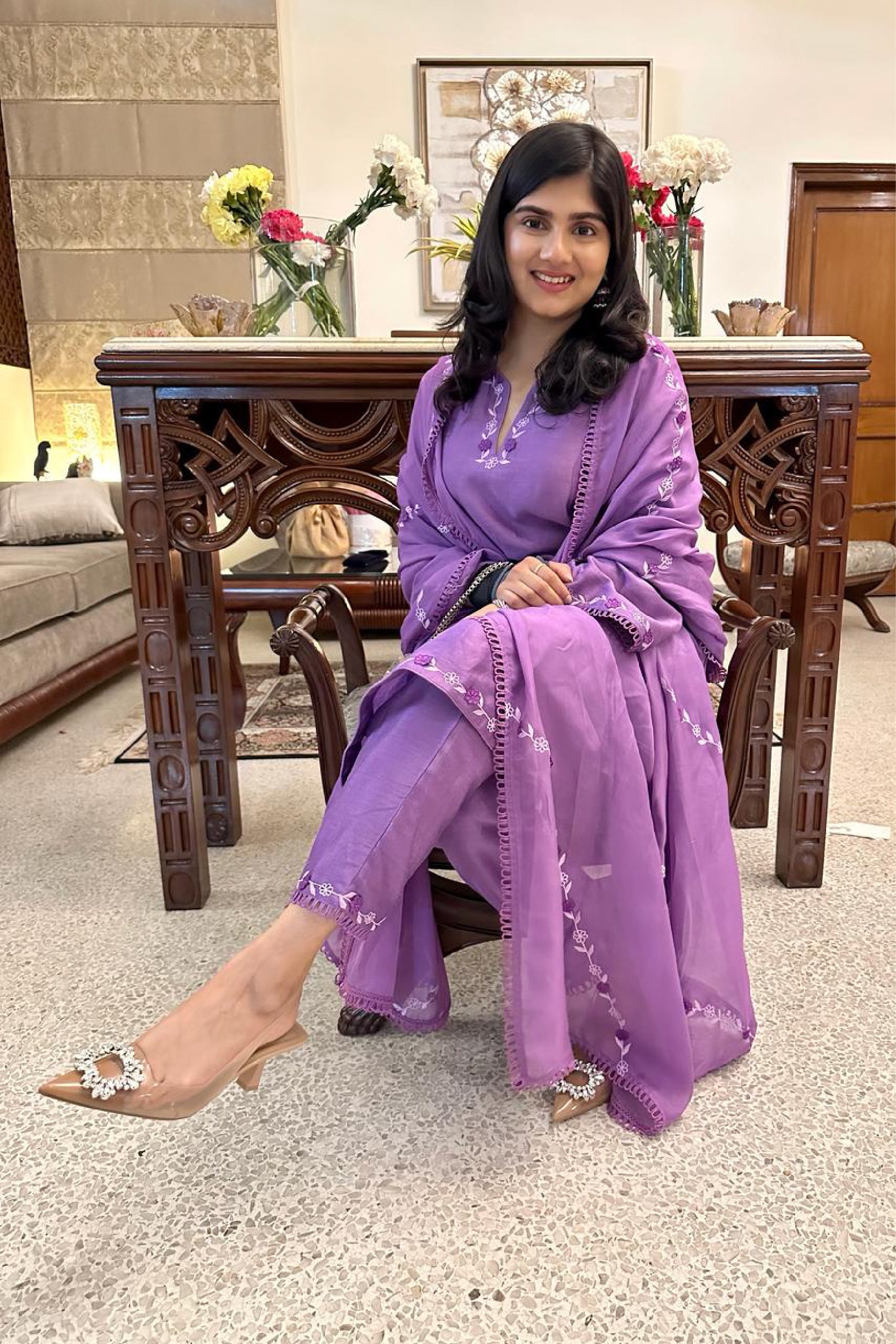 FIZA PURPLE SILK CHANDERI HANDCRAFTED A-LINE SHORT KURTA SET