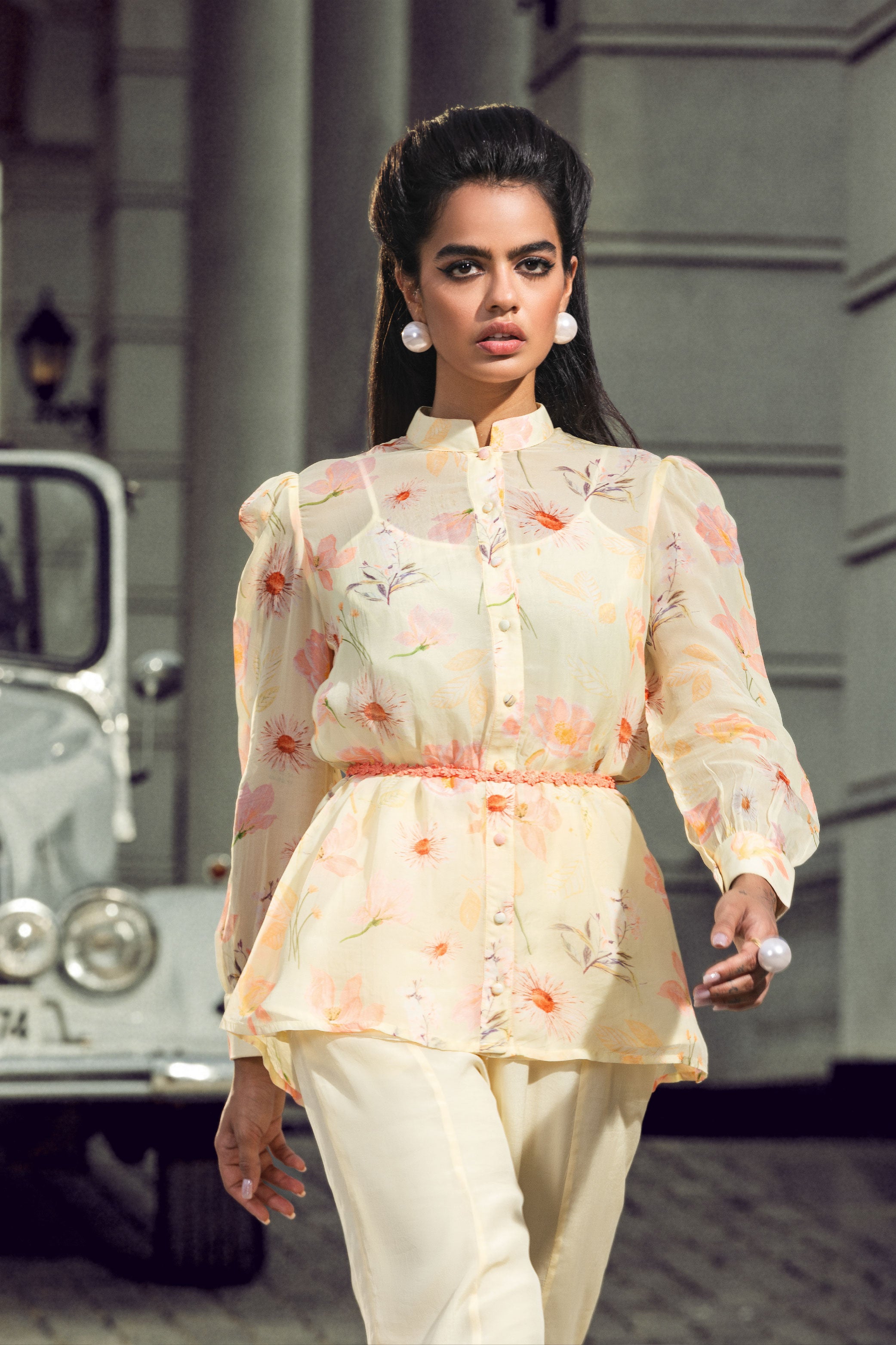 EMMA YELLOW FLORAL PRINTED ORGANZA COORD SET(READY TO SHIP)