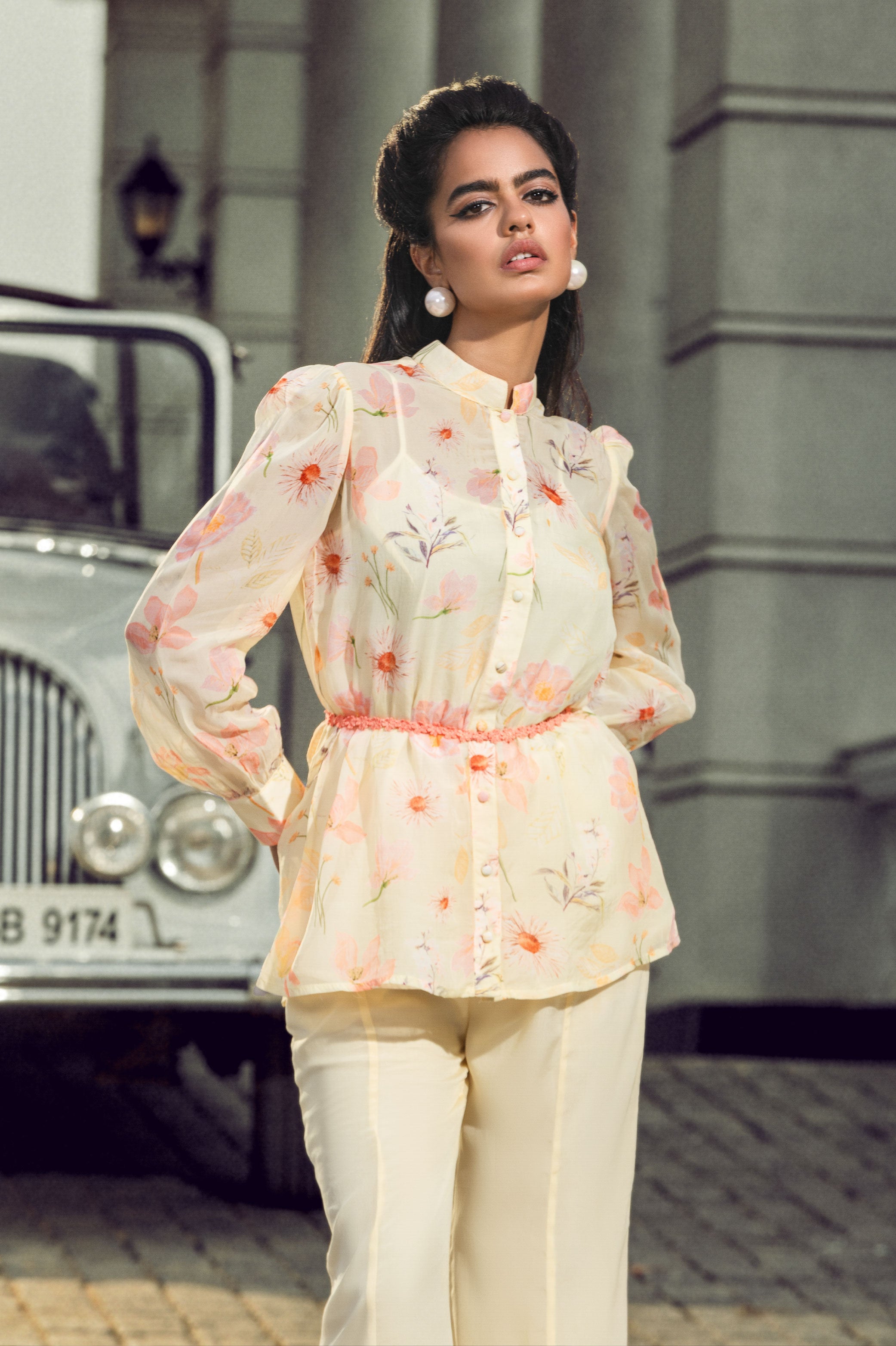 EMMA YELLOW FLORAL PRINTED ORGANZA COORD SET(READY TO SHIP)