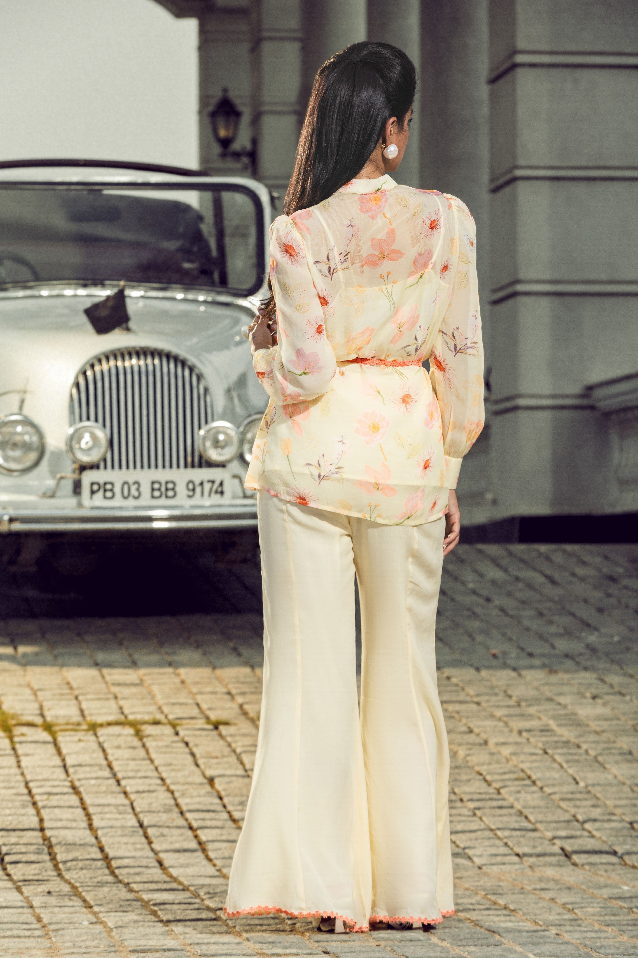 EMMA YELLOW FLORAL PRINTED ORGANZA COORD SET(READY TO SHIP)