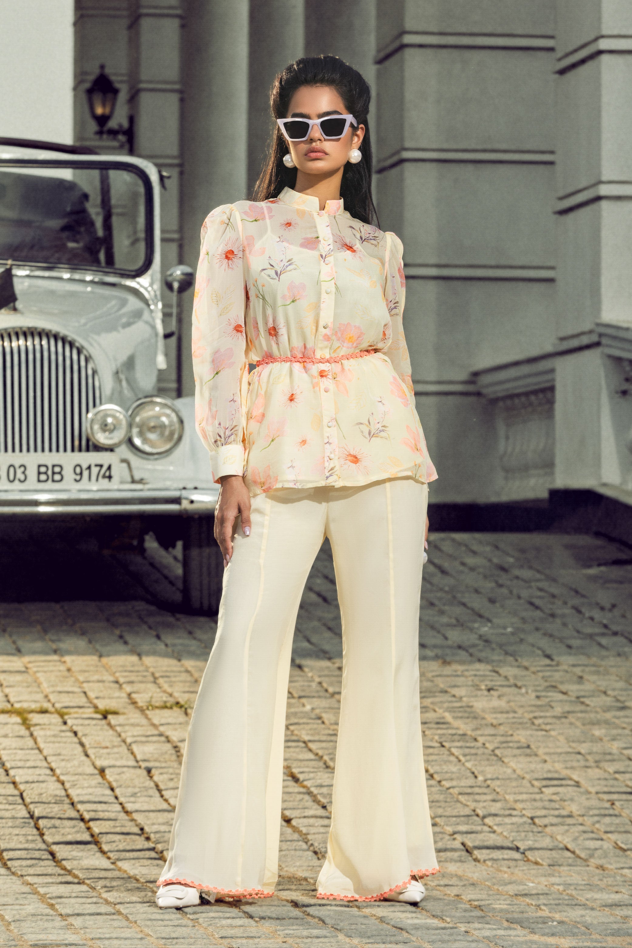 EMMA YELLOW FLORAL PRINTED ORGANZA COORD SET(READY TO SHIP)