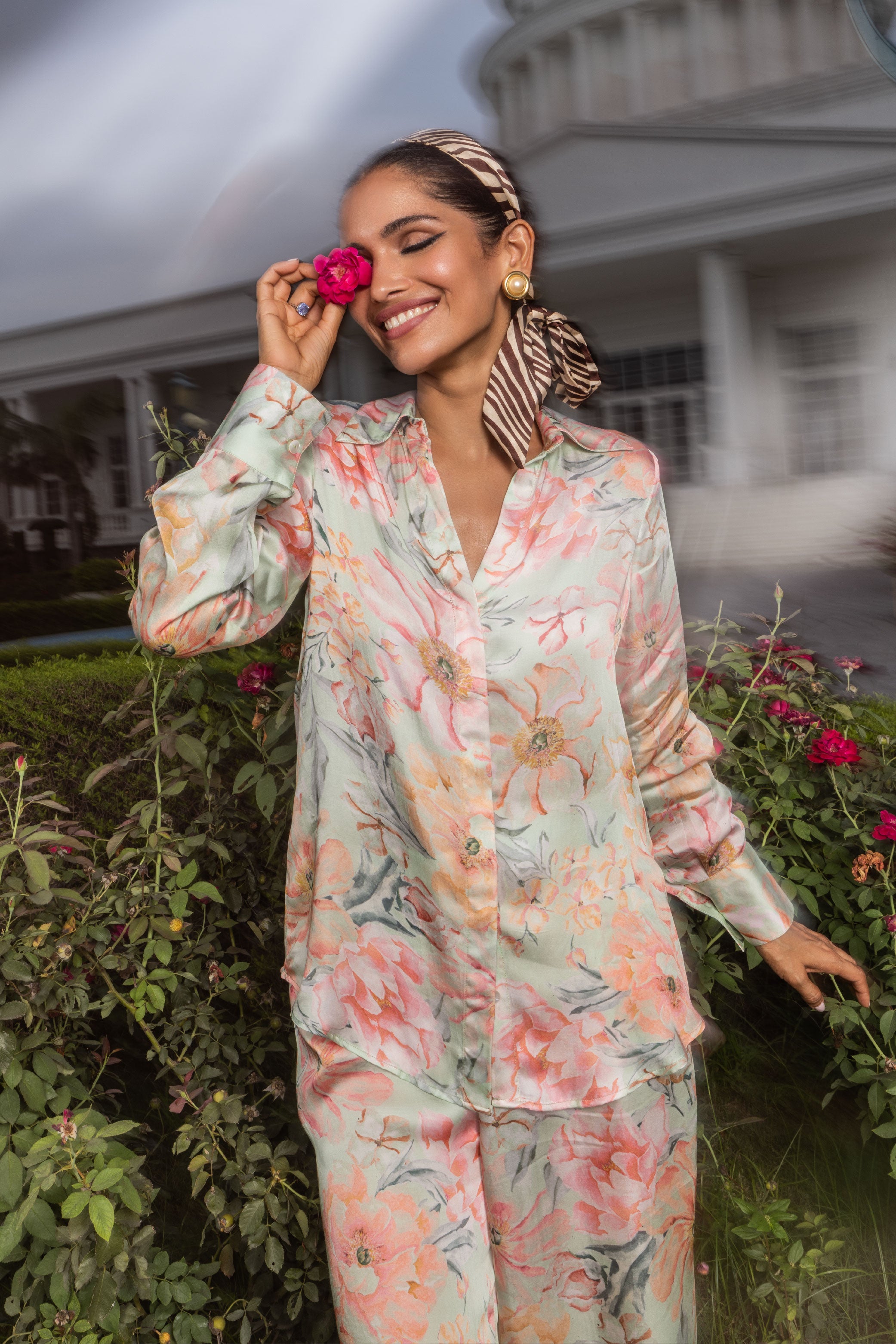 IRIS GREEN FLORAL PRINTED SATIN COORD SET (READY TO SHIP)