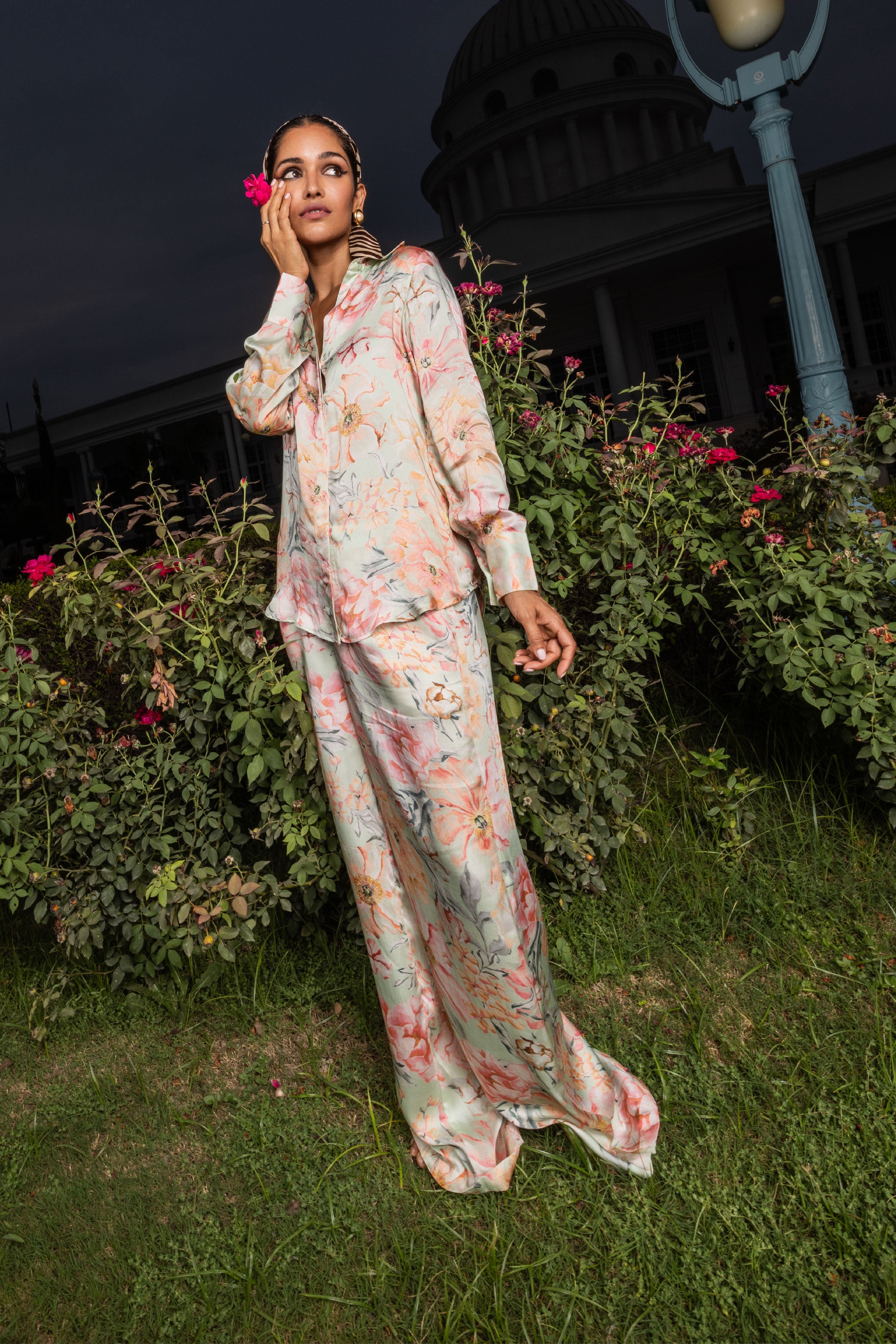 IRIS GREEN FLORAL PRINTED SATIN COORD SET (READY TO SHIP)